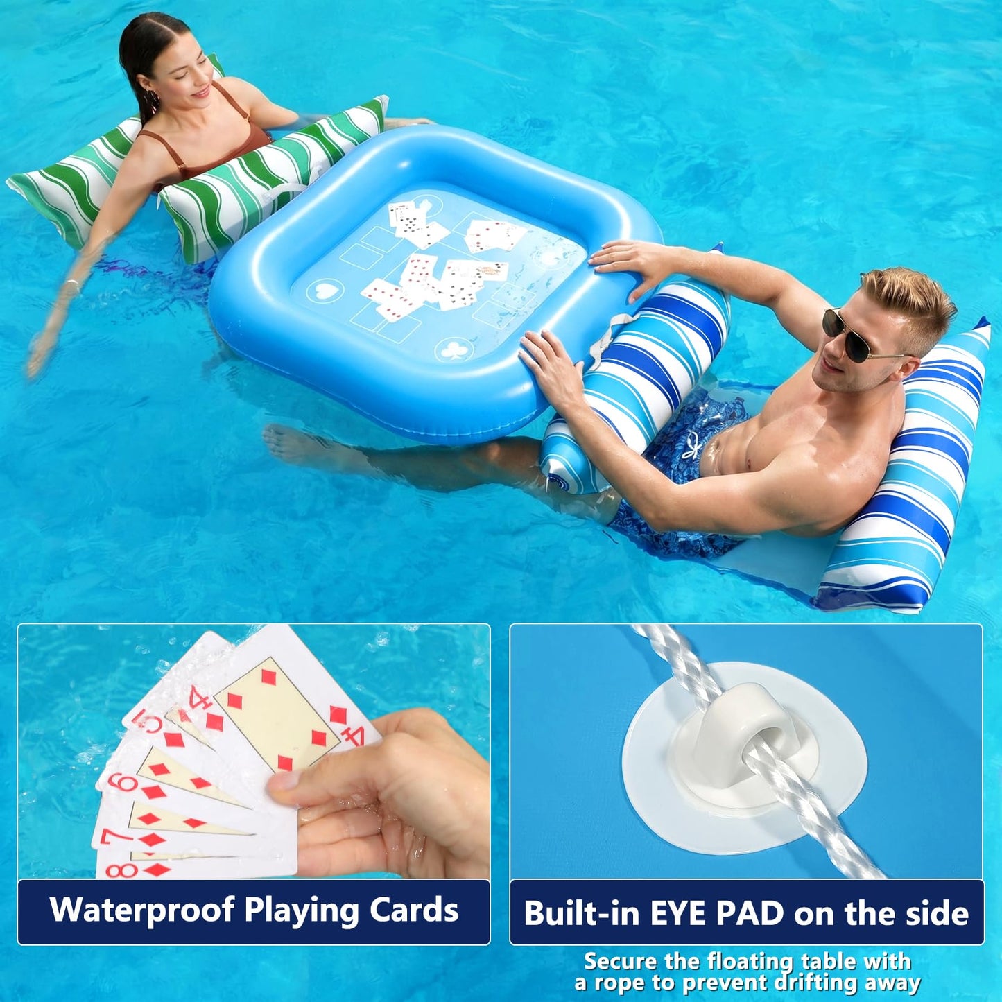 Jasonwell Pool Floats Adult Games - 2 Pack Fabric Inflatable Pool Floaties Water Hammock Chair w Floating Table Waterproof Playing Cards Party Game Toys Lake Lounger Raft Pool Hammock Float Floaty B&G