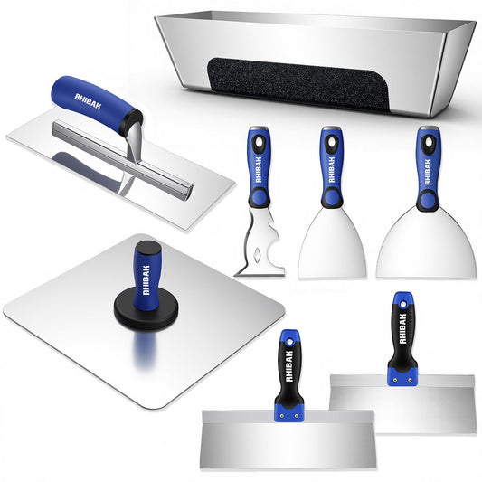 Rhibak Drywall Hand Tools Kit, Drywall Knife Set with Putty Knives, Taping Knives, Aluminum Hawk, Mud Pan, Flat Finishing Trowel, Multi-Fuctional Paniter Scraper