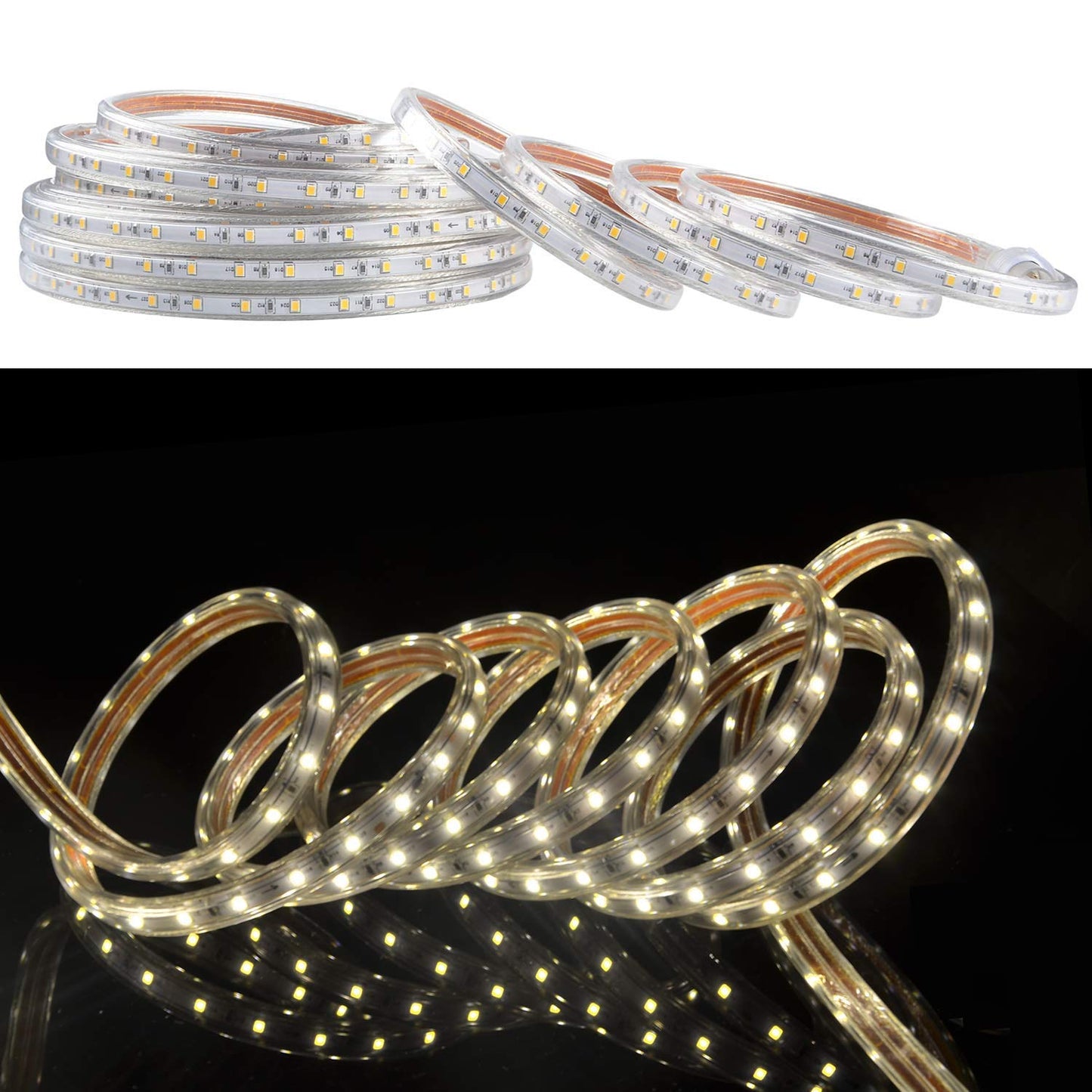 SURNIE LED Rope Lights Outdoor Waterproof Warm White, 50ft Outside Bright Lighting Cuttable Connectable Flexible 110V Cool Clear Flat 3000K, Indoor Deck Patio Christmas Camping Decor, Not Tube Rope
