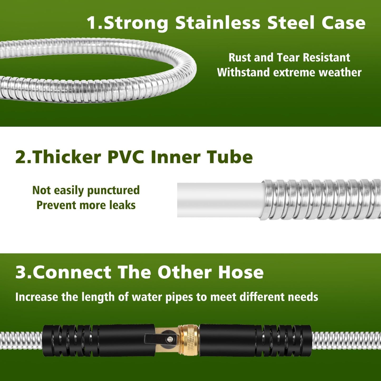 Svansea Metal Garden Hose 100ft Stainless Steel Hose Heavy Duty Flexible Water Hose with 10 Way Spray Nozzle 3/4 Solid Brass Fittings-Outdoor Yard Lightweight No Kink Leak Resistant Water Pipe