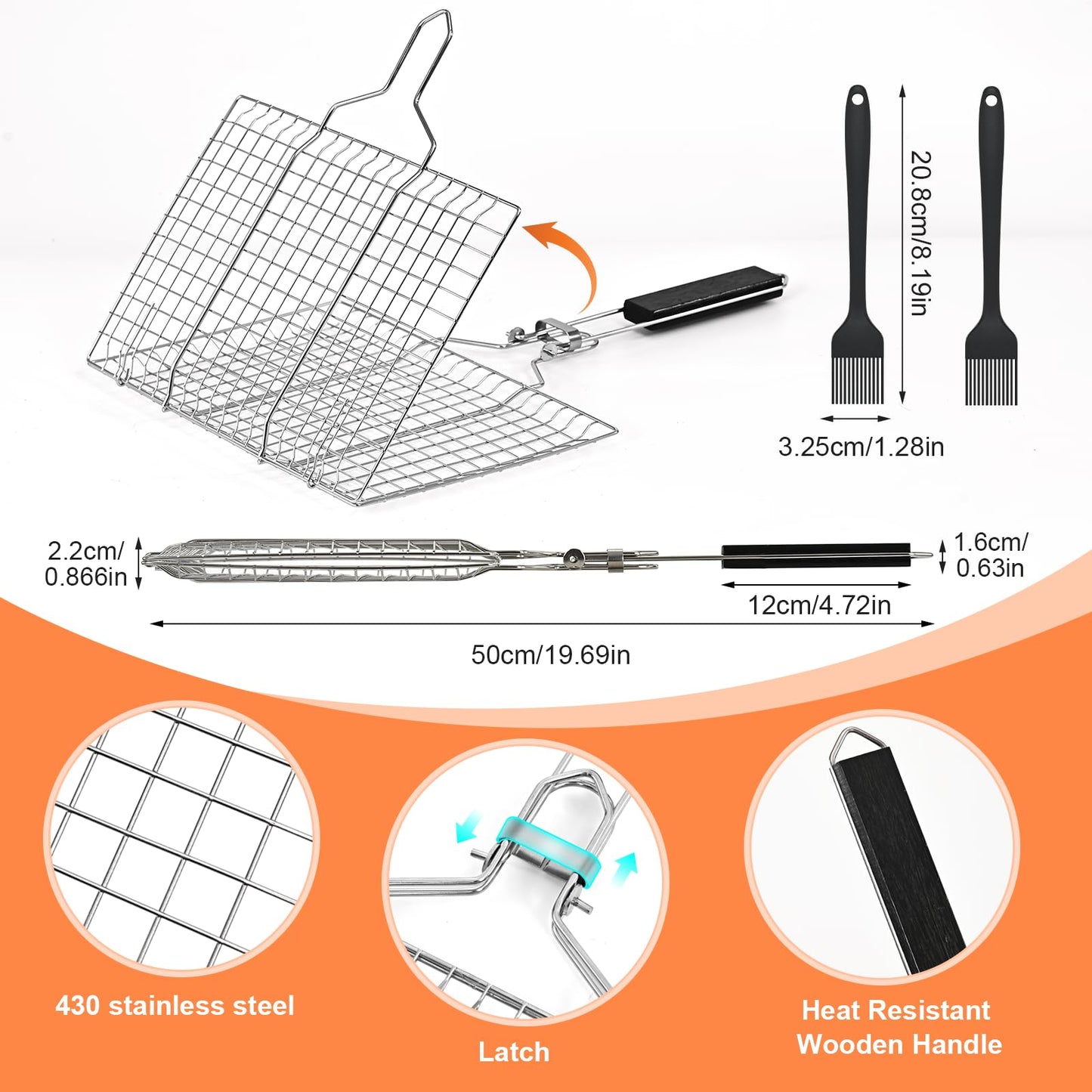 Fish Grill Baskets，Folding Portable Fish Grilling Rack For Grill, BBQ Grilling Basket, Stainless Steel Grill Basket For Veggies, Shrimp, Meat Cook，Come With Storage Bag and Two Basting Brush