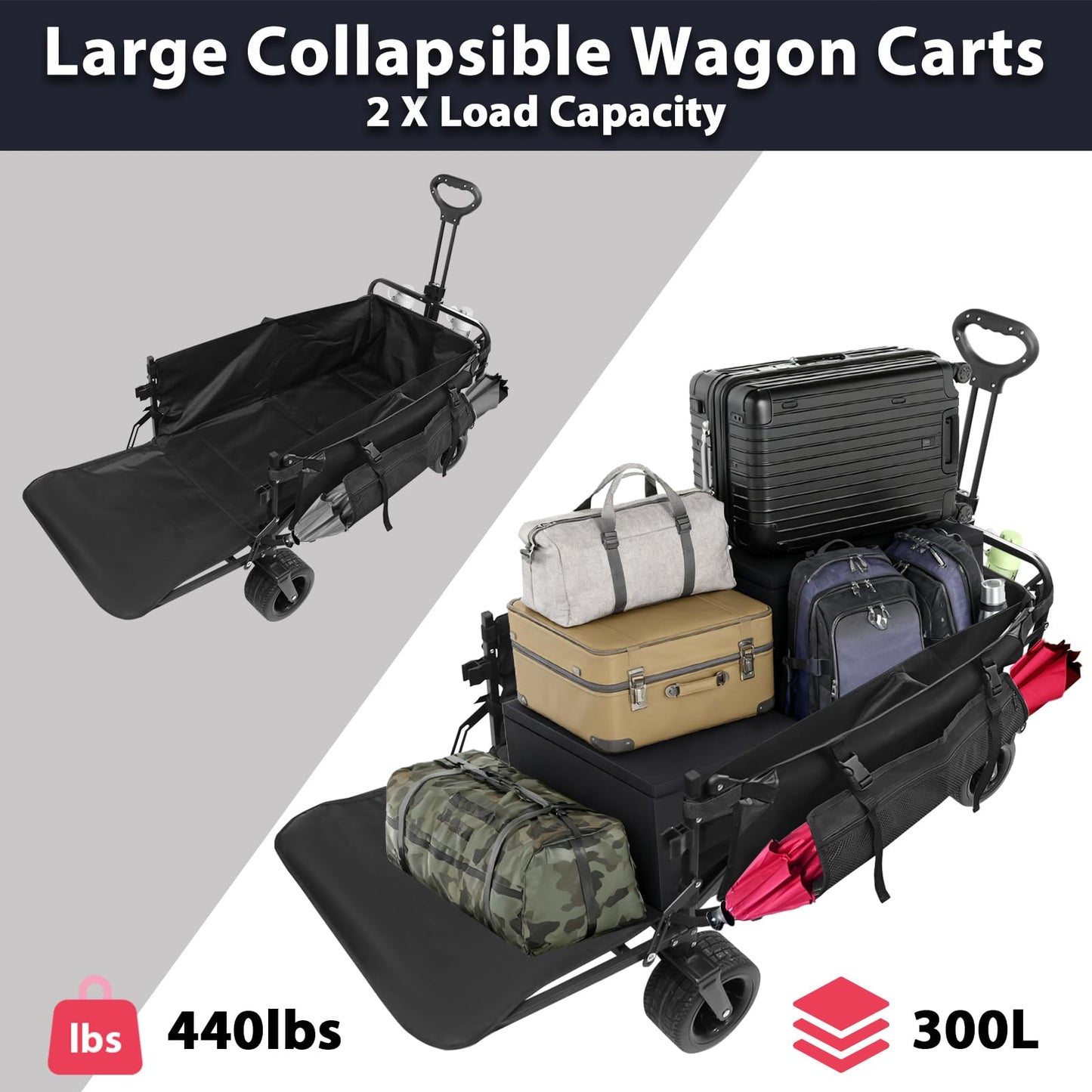 CQKEDMA 440 LBS Wagons Carts Foldable, Folding Collapsible Wagon Cart with Big All-Terrain Wheels & Cup Holders, Utility Graden Carts for Camping, Beach, Garden and Shopping