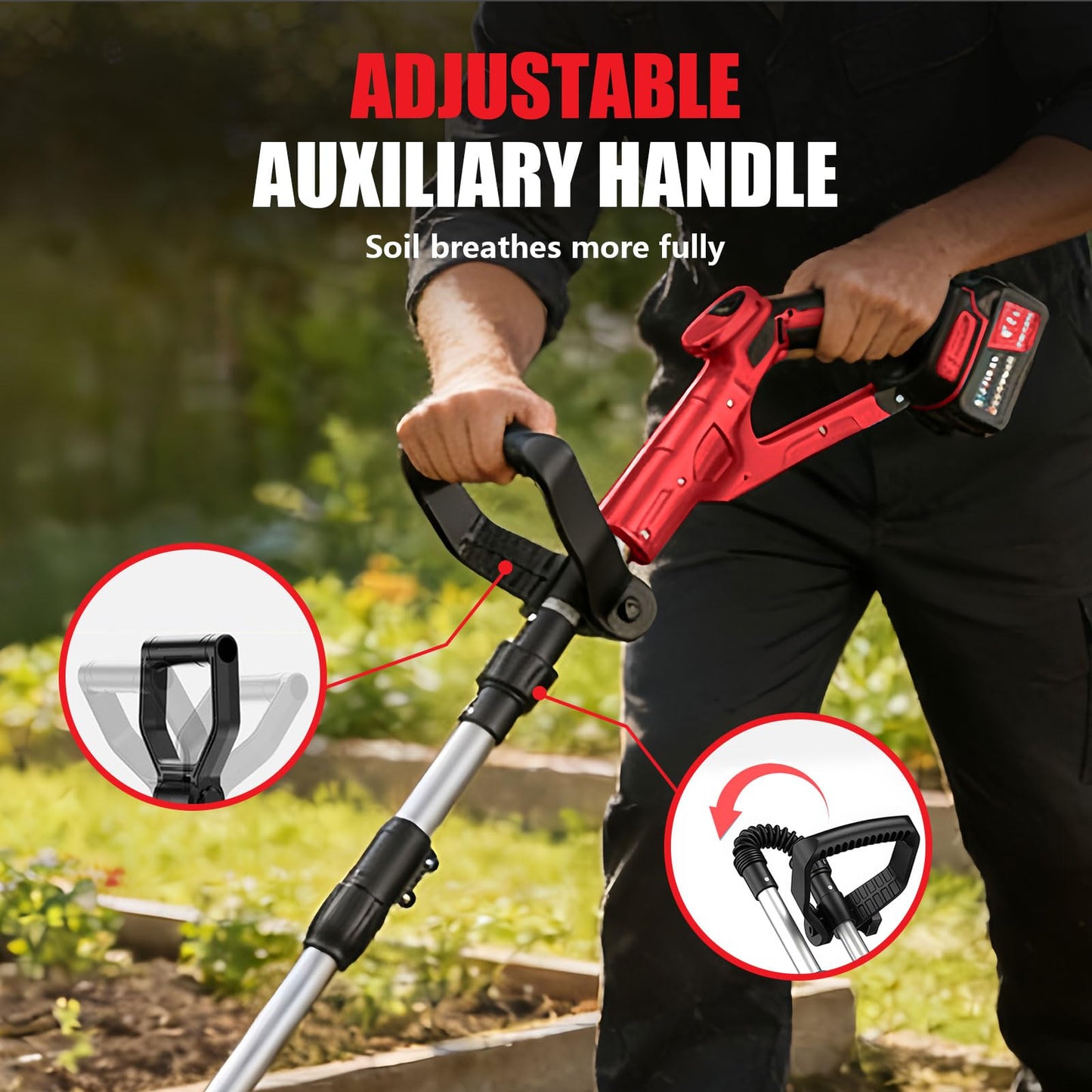 21V Electric Cordless Tiller Cultivator, 360RPM Garden Tiller with 2 x 4.0Ah Batteries Charger, 12In Tilling Width & 8In Depth Garden Rototiller for Lawn, Gardening, Soil Cultivation (RED-1)