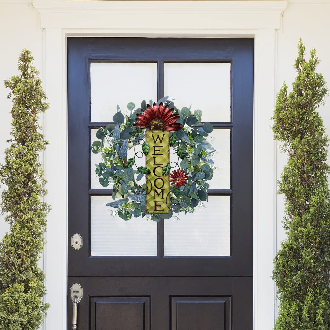 E-view Metal Welcome Sign Rustic Wall Hanging Plaque - Decorative Welcome Flower Signs for Porch Front Door Farmhouse Home Decoration Garden Themed Wreath Ornament (Red)