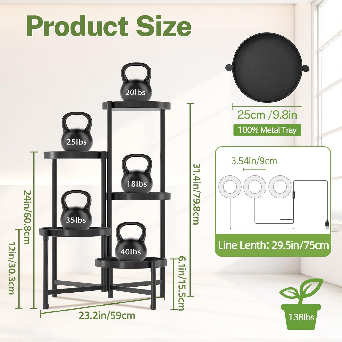 iDavosic.ly 5 Tier Large Plant Stand Indoor with Grow Light, Tiered Corner Metal Outdoor Flower Display Holder Shelf with 10 Inch Wide Tray, Folding Tall Rack for Patio Porch Living Room, Black