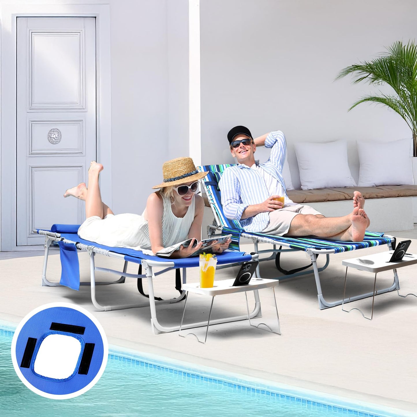 Yestomo 3-in-1 Sun Tanning Chair with Face Holes, Breathable Chaise Lounge Chair Outdoor, 5-Position Recliner, Lay Flat, Folding Side Table, Removable Pillow, Max 330lbs, Beach, Patio, Camping, Blue