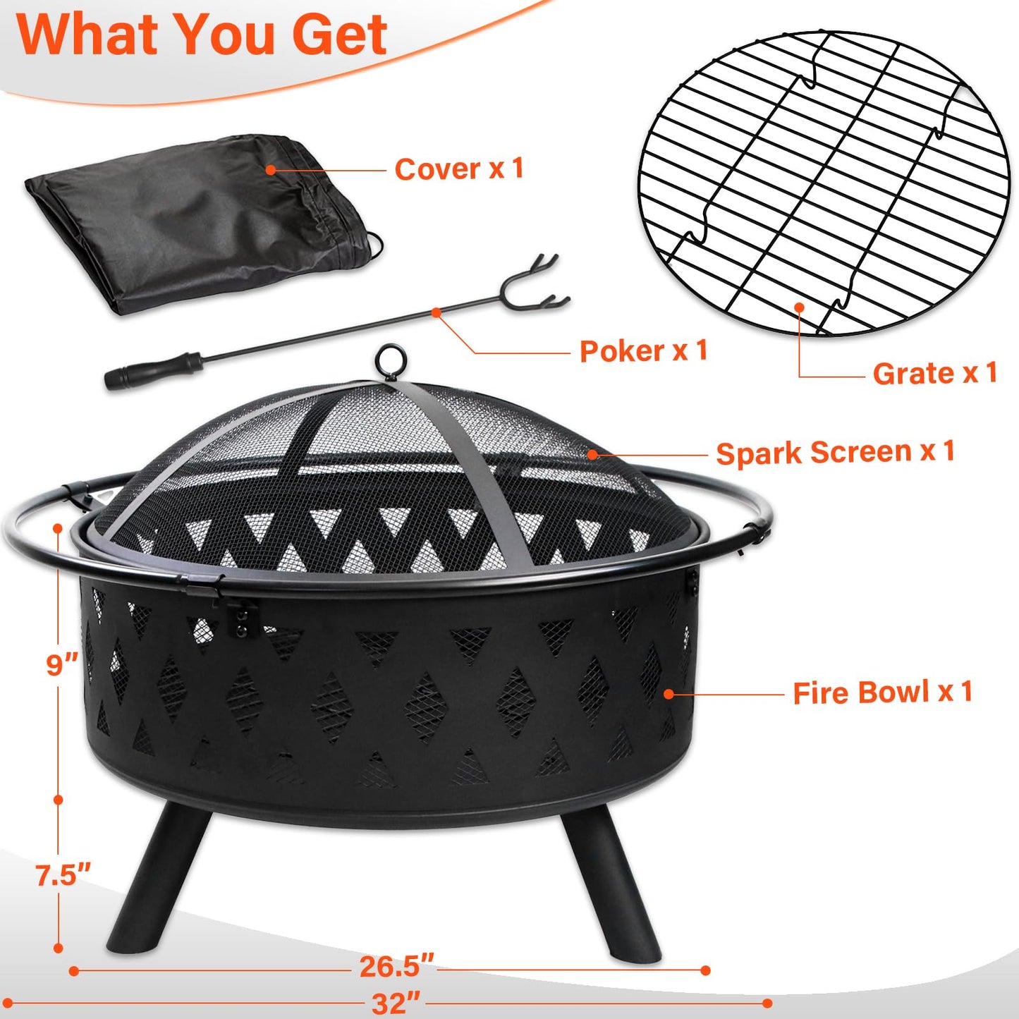 Quilushey 32 Inch Fire Pit Outdoor Burning Stove, 2 in 1 Metal Round Fireplace for Outside Bonfire Party, BBQ, Camping, Backyard, Patio, Garden w/Fire Poker, Spark Screen, Grate, Cover (Rhombic)
