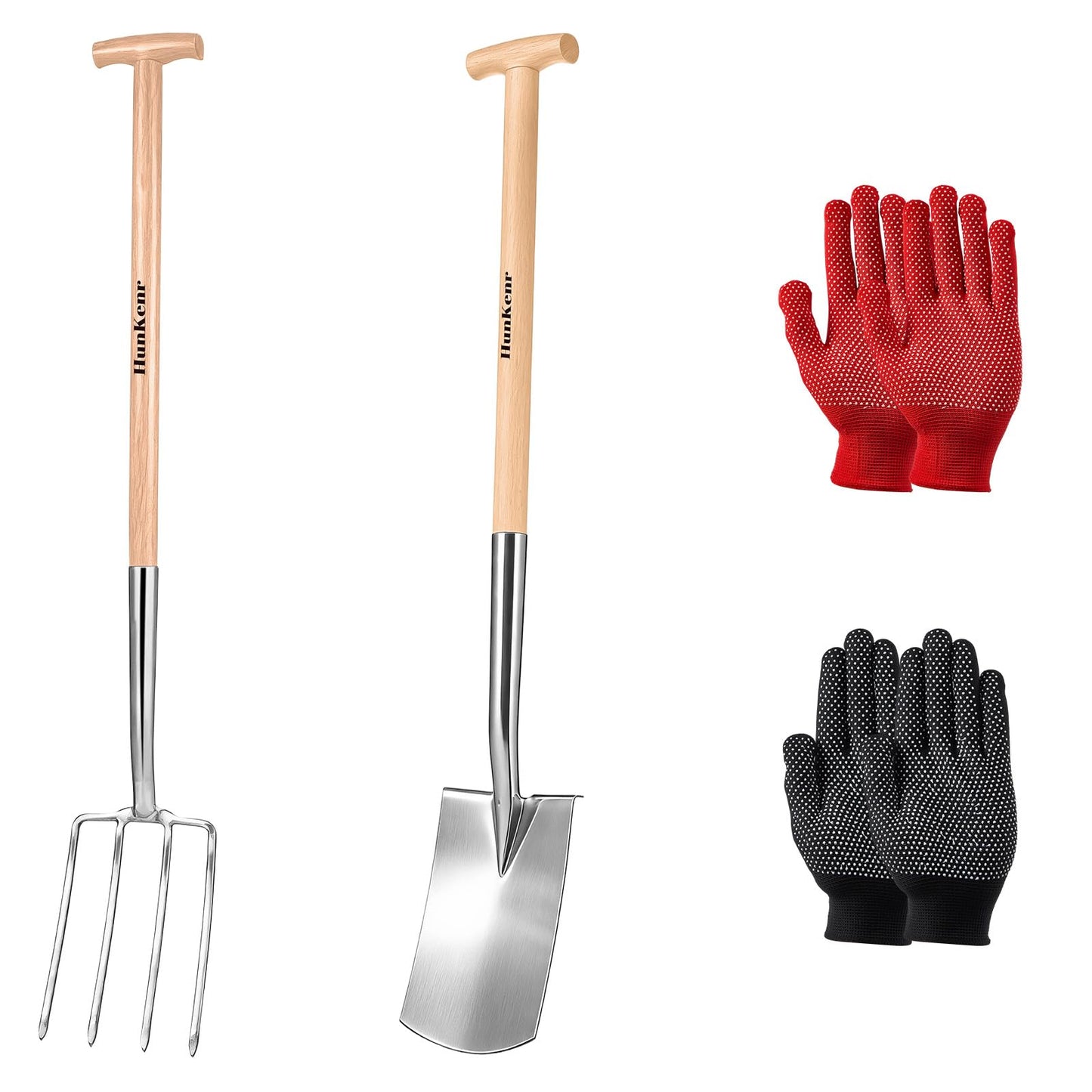 HUNKENR Garden Pitchfork Spade Set, 4-Tine Stainless Steel Pitchfork, 47" Heavy Duty Long Handled Spade with T-Handle/Ergonomic Beech Handle for Digging, Planting, Cultivating, Aerating