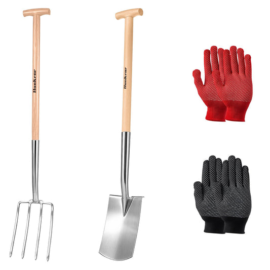 HUNKENR Garden Pitchfork Spade Set, 4-Tine Stainless Steel Pitchfork, 47" Heavy Duty Long Handled Spade with T-Handle/Ergonomic Beech Handle for Digging, Planting, Cultivating, Aerating