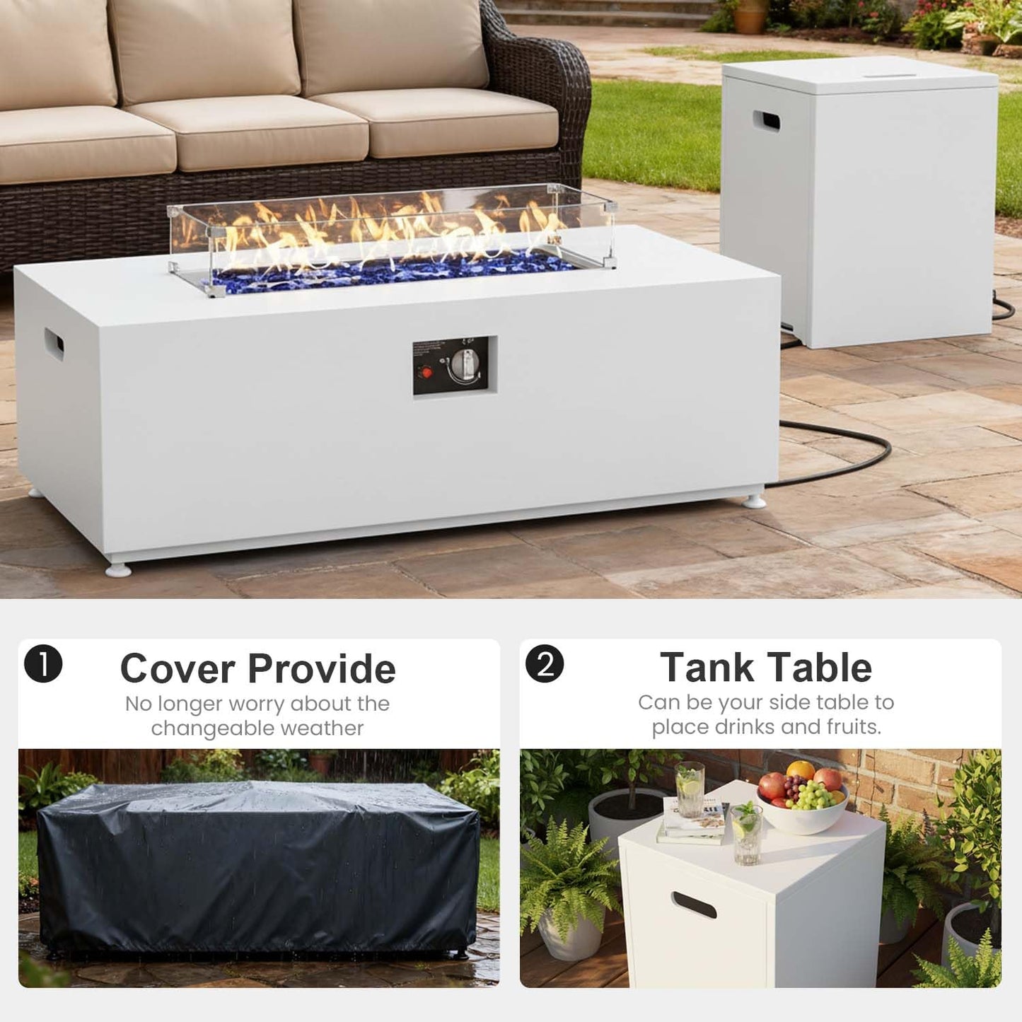 Aeeiua 42" Propane Fire Pit Table Set with Tank Holder, Rectangle 2-Piece Outdoor Firepit Wind Guard, Lid, Glass Stones and Cover