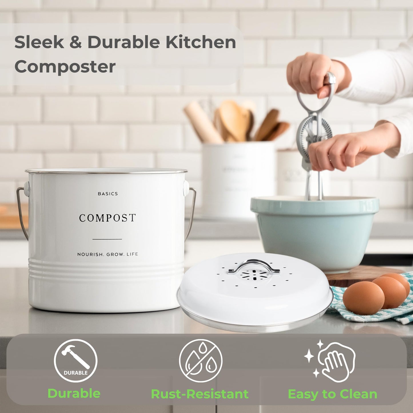 D'Lifeful Kitchen Compost Bin – 1.3 Gallon Countertop Farmhouse Compost Container with Lid – Odorless Indoor Food Scrap Pail with 6 Charcoal Filters – Eco-Conscious and Easy to Clean (White)
