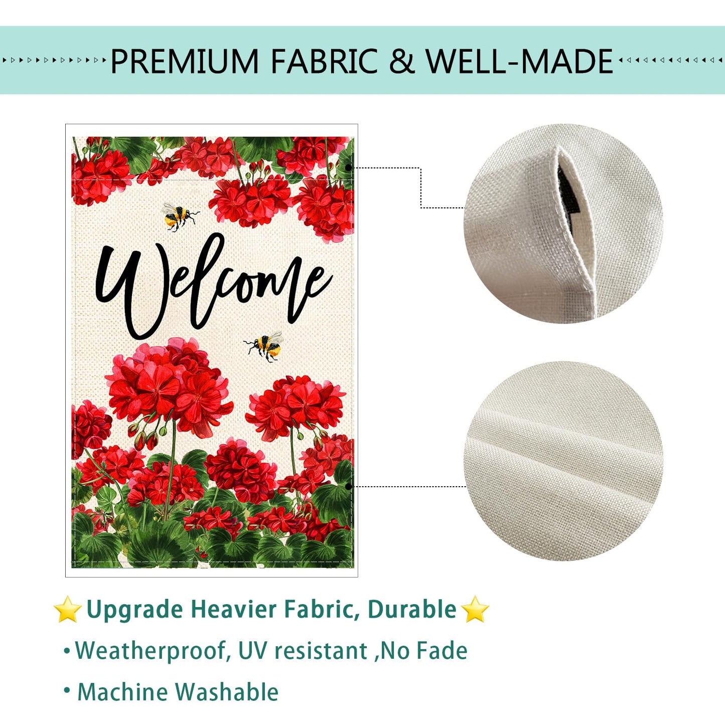 Baccessor Spring Summer Geranium Welcome Garden Flag Double Sided Summer Bee Red Floral Small Burlap Yard Flag House Seasonal Farmhouse Outside Outdoor Decoration 12.5 x 18 Inch
