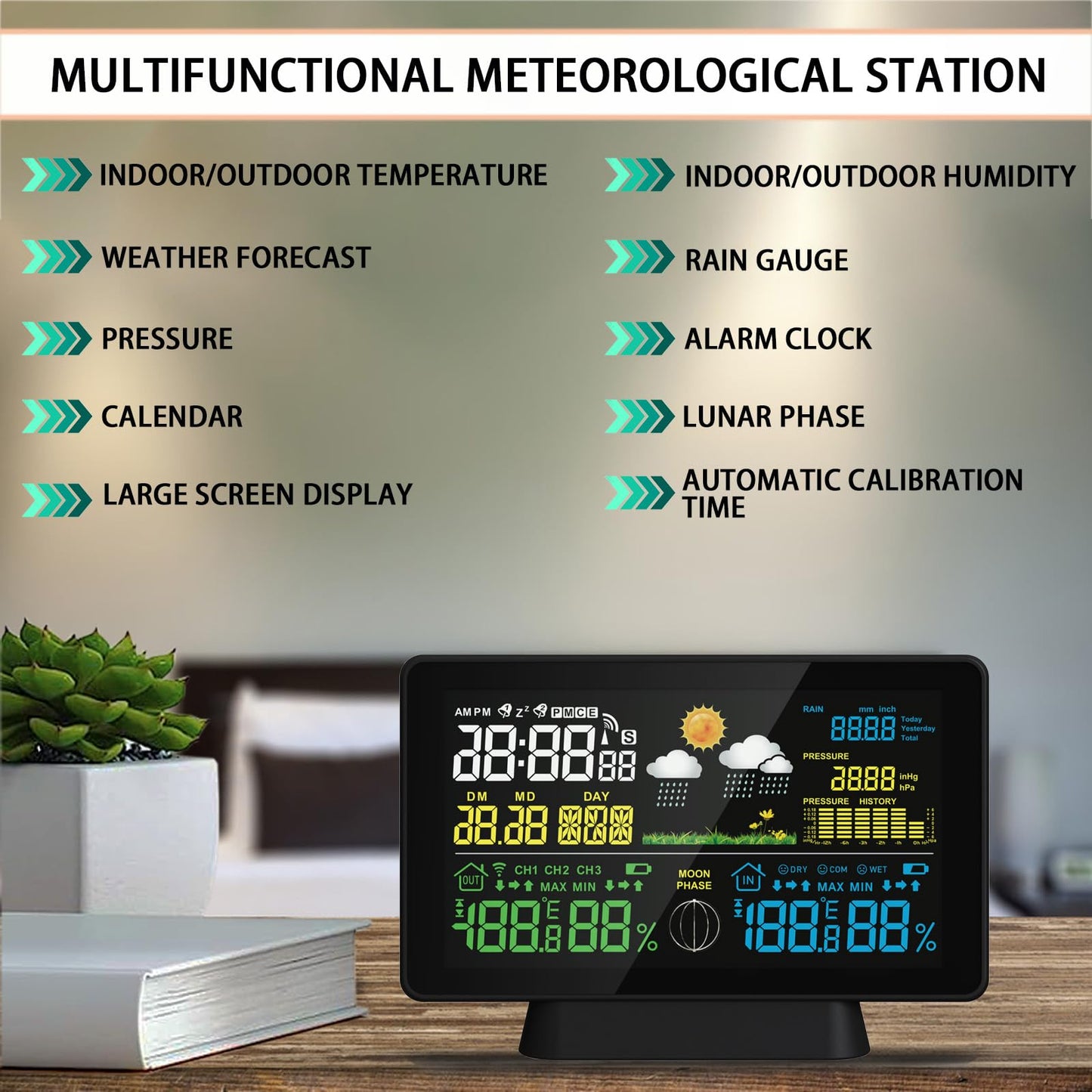 Wireless Rain Gauge and Weather Station, Digital Rain Gauge Outdoor Home Weather Stations with Thermometer, Hygrometer, Atomic Clock, Forecast and Barometer, Weather Station with Rain Gauges