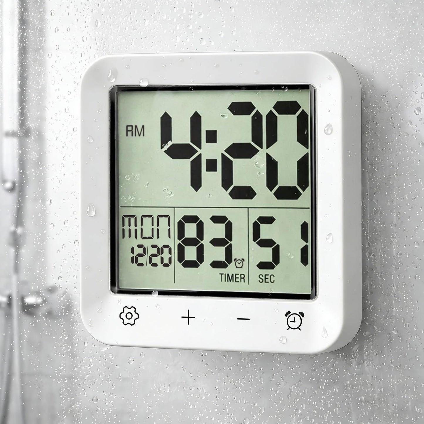 Tikonir Shower Clock Waterproof, Bathroom Digital Clock with Timer, LCD Display, Touch Screen, Suction Cup, Temp, Seconds, Hanging, Hole Stand, Digital Wall Clocks Battery Operated for Kids and Adults