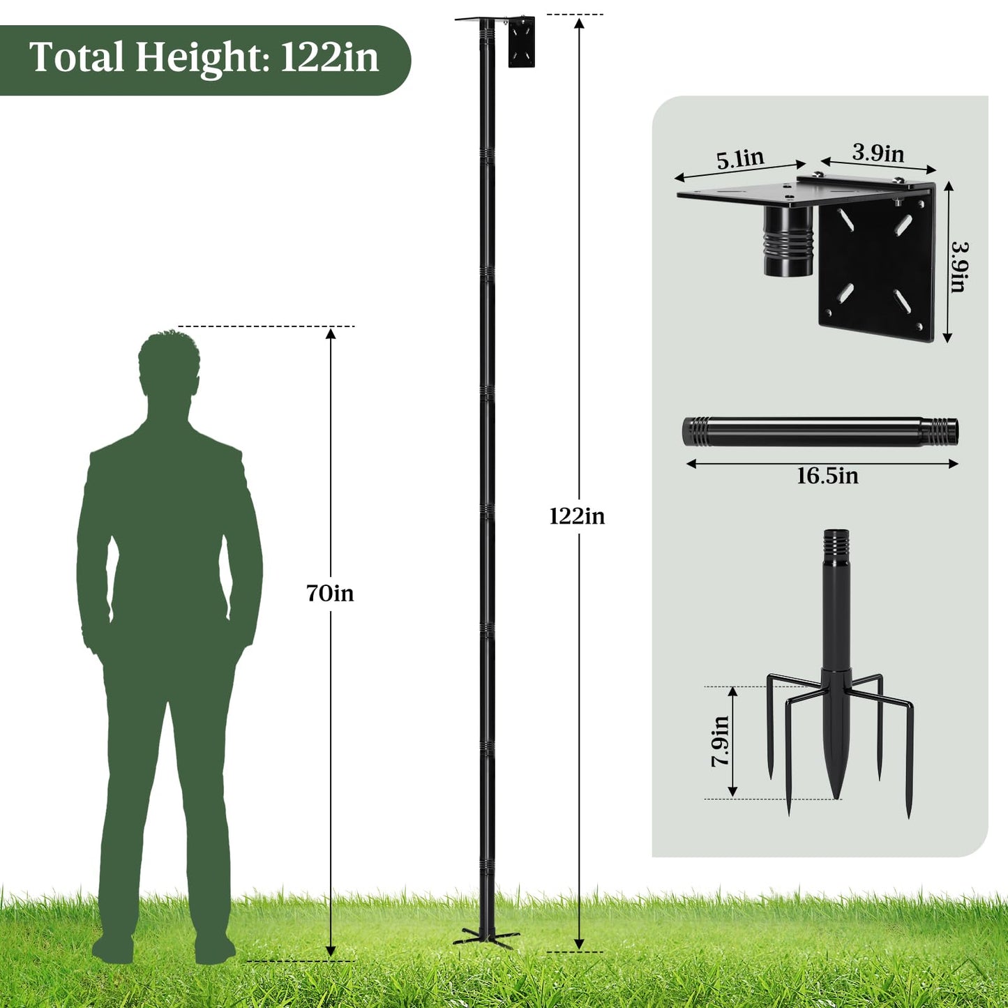 114-Inch Birdhouse Pole Stand, Heavy Duty Metal Bird House Mount with Ground Stake Base, Multi-Section Outdoor Pole for Birdhouses, Feeders & Garden Decor