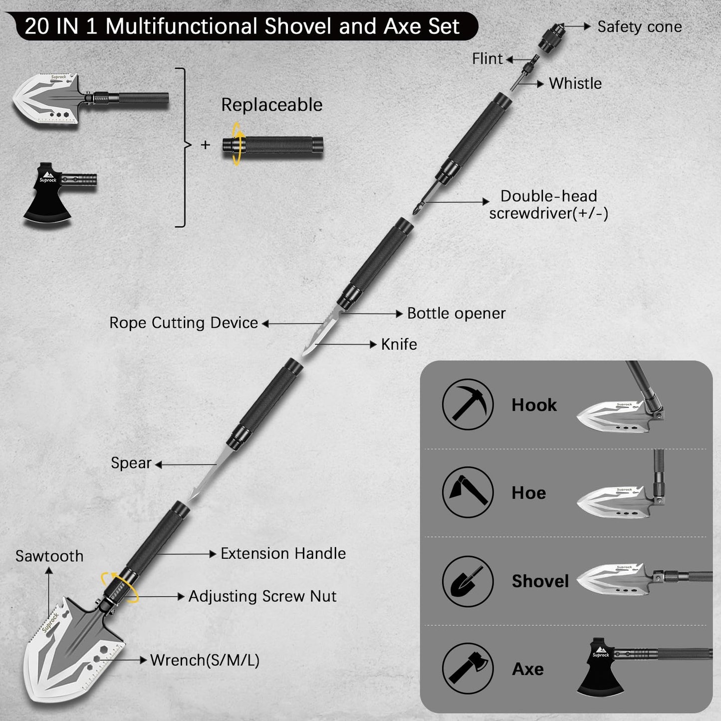 SUPROCK Survival Shovel and Camping Shovel, 30-in-1 Tactical Shovel Axe with High Carbon Steel, Folding Entrenching Tool with Pouch for Emergency, Hiking, Outdoor Gear