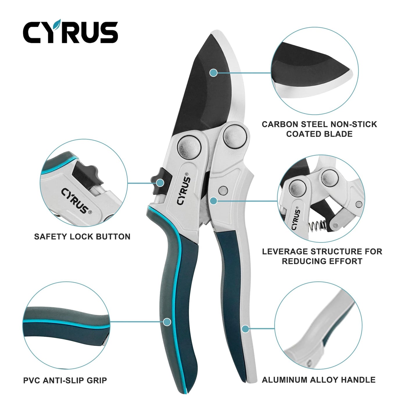 CYRUS Pruning Garden Shears with Ratchet labor-saving Lever, Carbon Steel Non-Stick Blade, Aluminum Handle & Safety Lock, Sharp Flower Scissors for Trimming Branches Up to 0.9 Inch