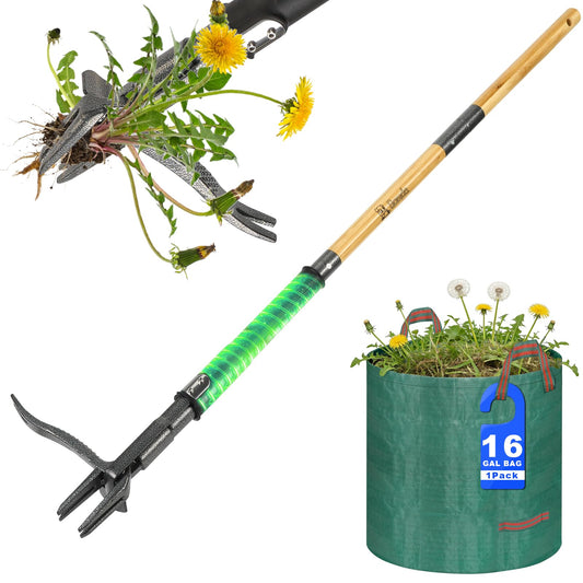 Bamda Weed Puller Tool, Heavy Duty Gardening Hand Tools with 4-Claw Steel Head & Dual-Eject Mechanism, 43.5" Bamboo Long Handle Stand Up Weeding Tool for Lawn Yard, Includes 16 Gallon Leaf Bag