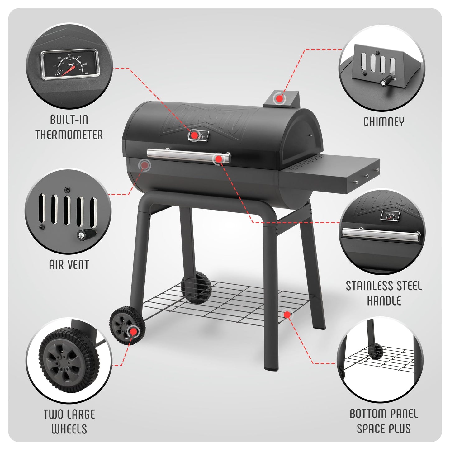 Feasto Heavy-Duty 30-Inch Charcoal Grill with Side Table & 647 Sq. In Cooking Area, Outdoor BBQ Grill for Outdoor Barbecue in Backyard, Patio and Parties, Grey