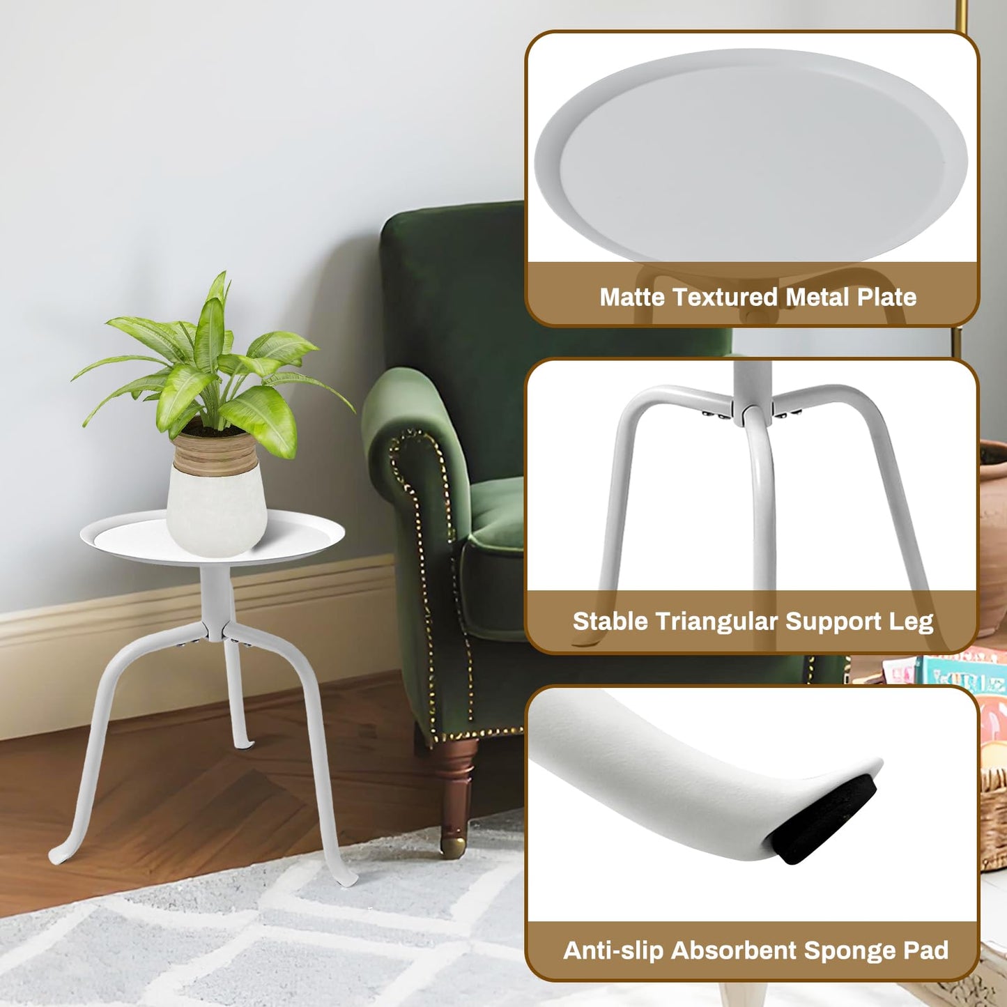 Uniqcovosa Plant Stand Indoor Outdoor, 11'' Round Black Mid Century Single Plant Table, 3-Leg Small Metal Plant Holders Flower Pot Stand, Modern Round Small Side End Table with Raised Design (White)