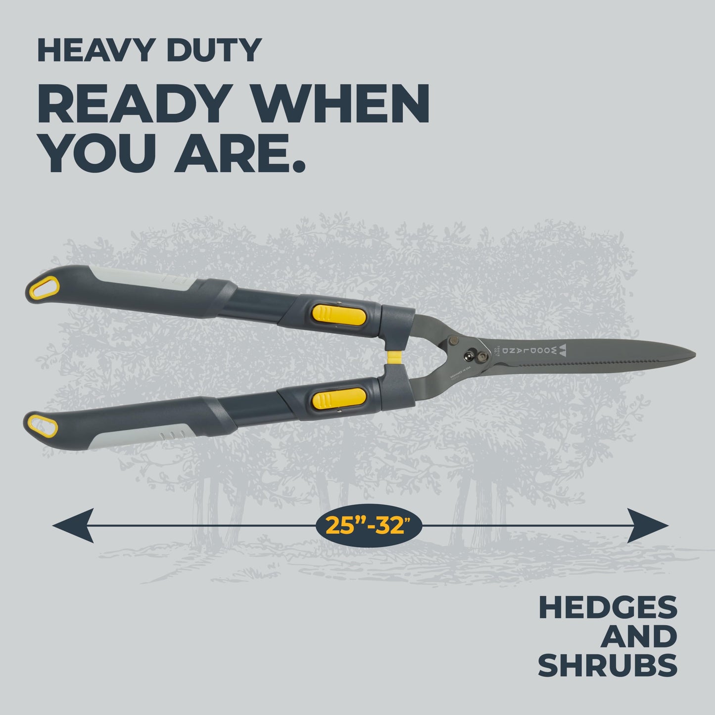 Woodland Tools Heavy Duty Extendable Hedge Shears, 25 to 32 Inch Telescoping Hedge Clippers with 10 Inch Lever-Assist Blades and Non Stick Coating, Manual Trimmer for Bushes and Shrubs