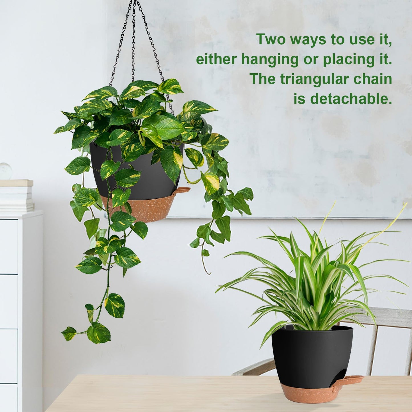 Lucieblessdesign 3 Pack Hanging Planter Indoor Outdoor Flower Pots 7/6.5/5 Inch, Self-Watering Hanging Pot with Drainage Holes Hanging Baskets Holder Plant Pots for Garden (Black)