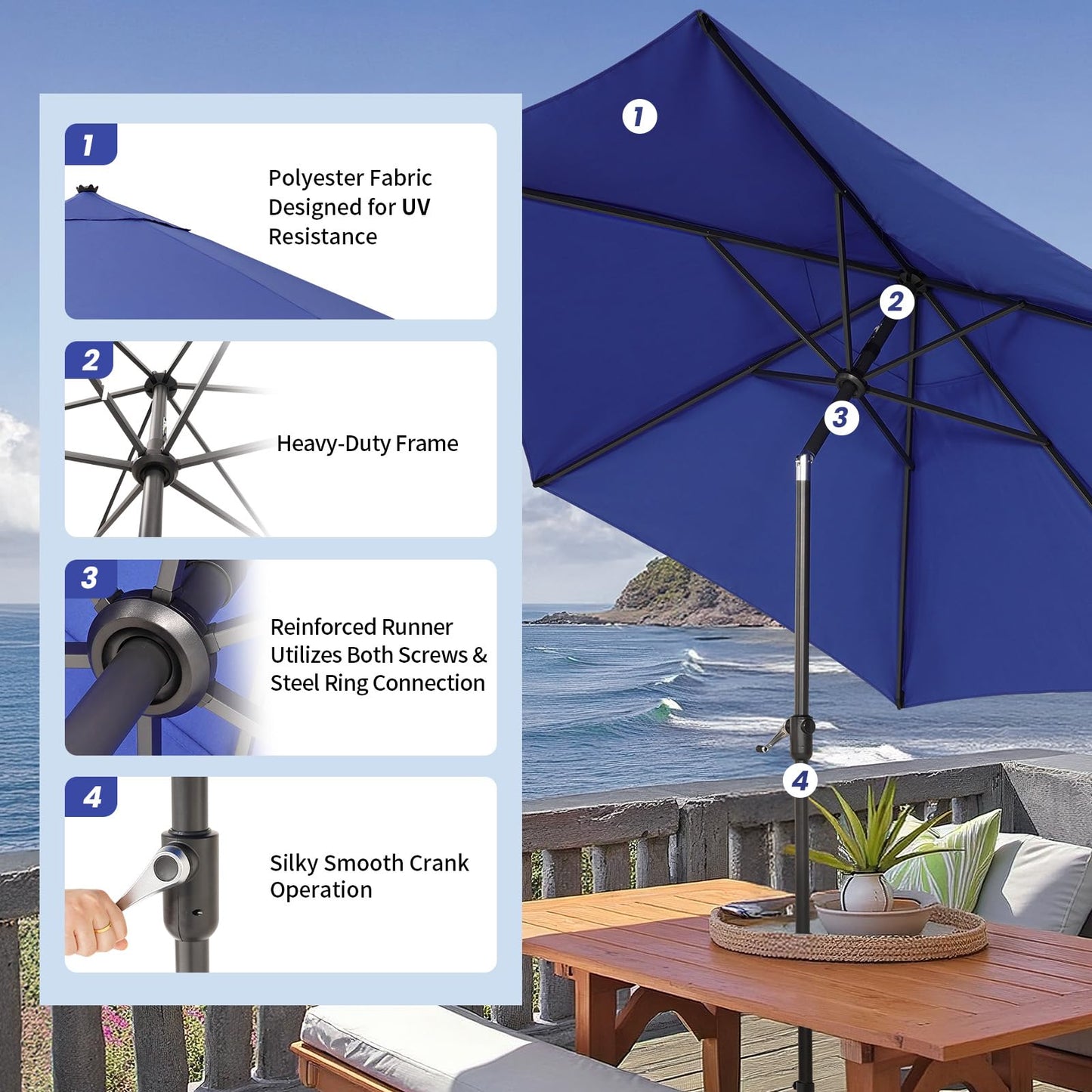 CROWN SHADES 9 Ft Patio Umbrella - Polyester Outdoor Umbrella with 30° Push Button Tilt, Patented Edge Connection Design for Patio, Pool, Garden & Table, UV Resistent