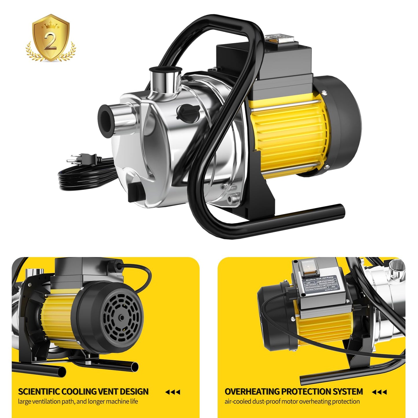 SHANGDA Water Transfer Pump 110V Shallow Well Pump 1.6HP Electric Portable Garden Pressure Booster Pumps for Sprinkler Irrigation Lawn with Adapters, Yellow