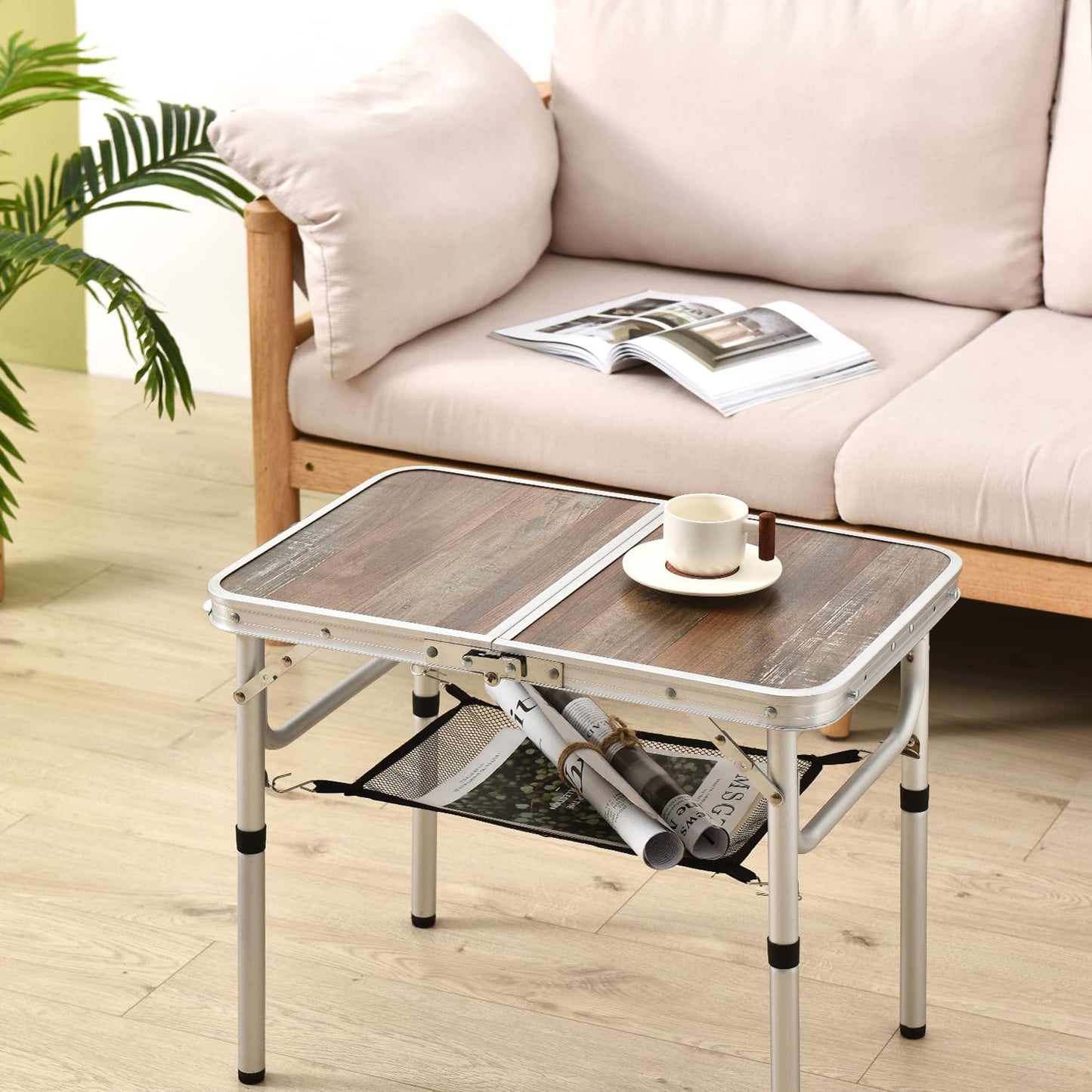 YihuiKo Small Folding Table, 3 Adjustable Heights Picnic Table, Outdoor Folding Table with Storage Mesh Layer, Portable Table for BBQ, Patio, and Indoor