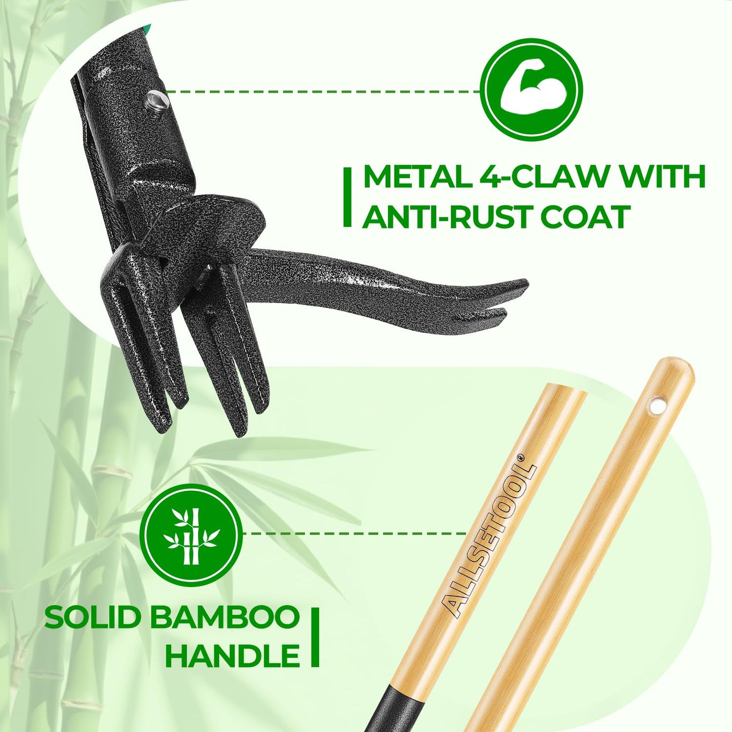 Allsetool Weed Puller Tool with 2 Weed Eject Feature, 43.7in Stand Up Dandelion Remover Tool, Real Bamboo Handle and Metal 4 Claw & Foot Pedal, Heavy Duty Garden Weeder