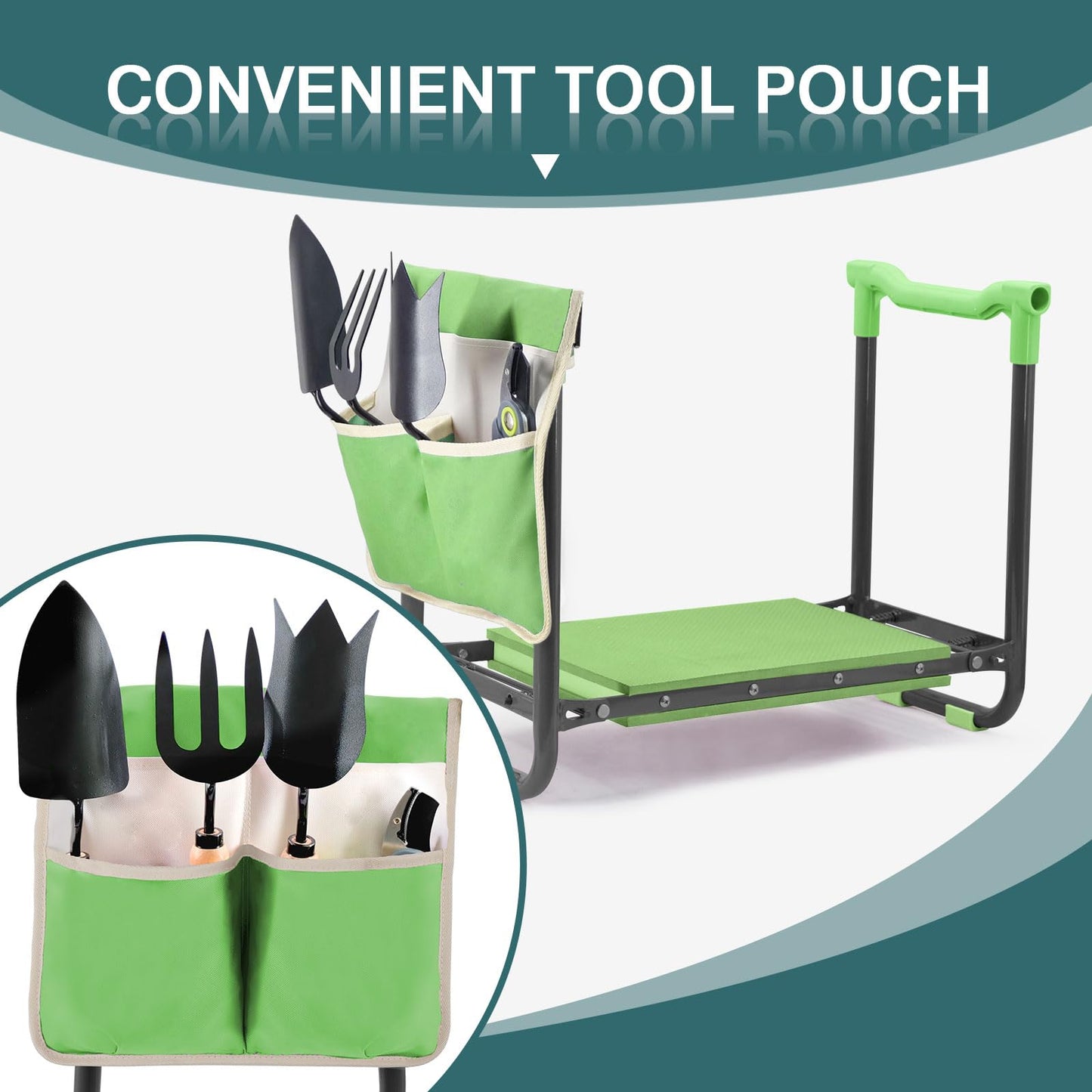 Byhagern Foldable Garden Kneeler and Seat – 2-in-1 Gardening Stool with a Tool Storage Pouch, Lightweight and Portable for Elderly, Outdoor, Lawn Care (Green)