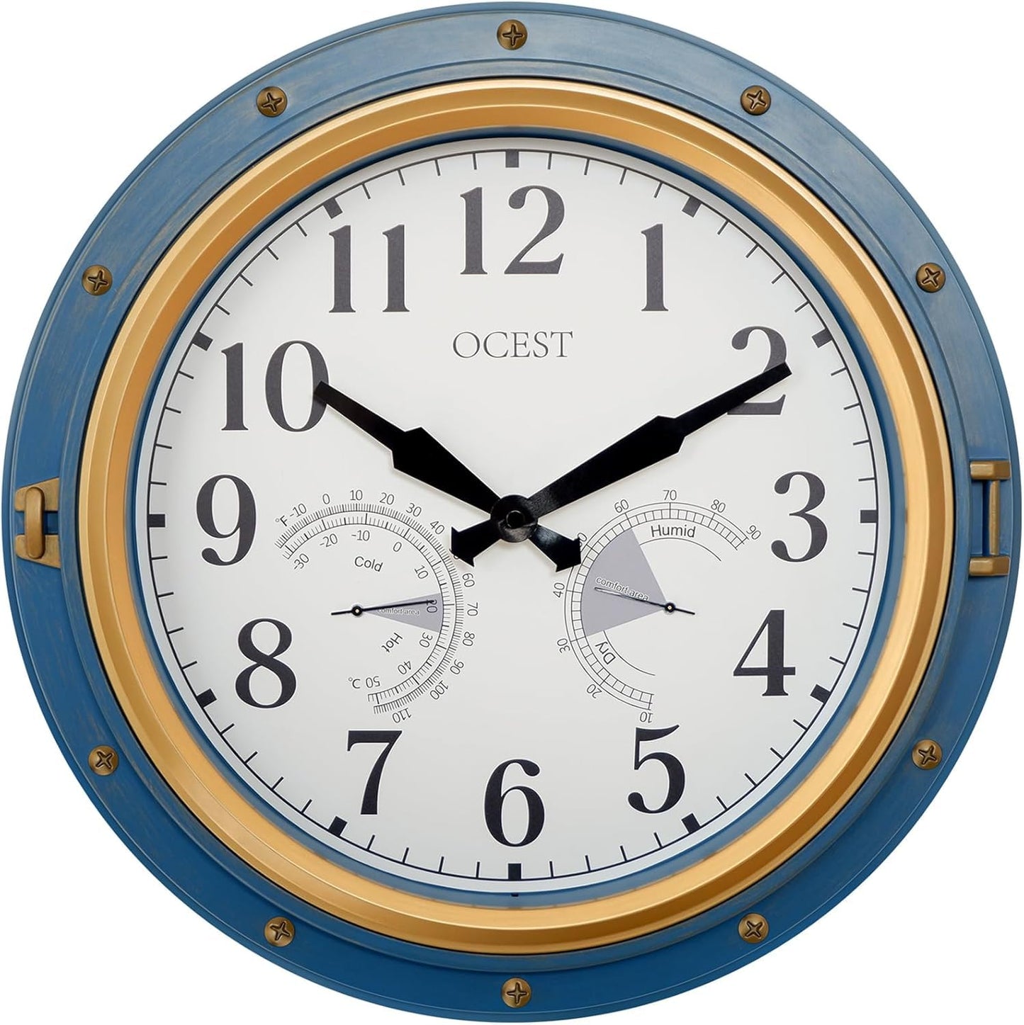 OCEST 16 Inch Indoor Outdoor Clock, Waterproof Wall Clock with Thermometer Hygrometer, Silent Non-Ticking Battery Operated Decor for Home Decor, Patio(Blue)