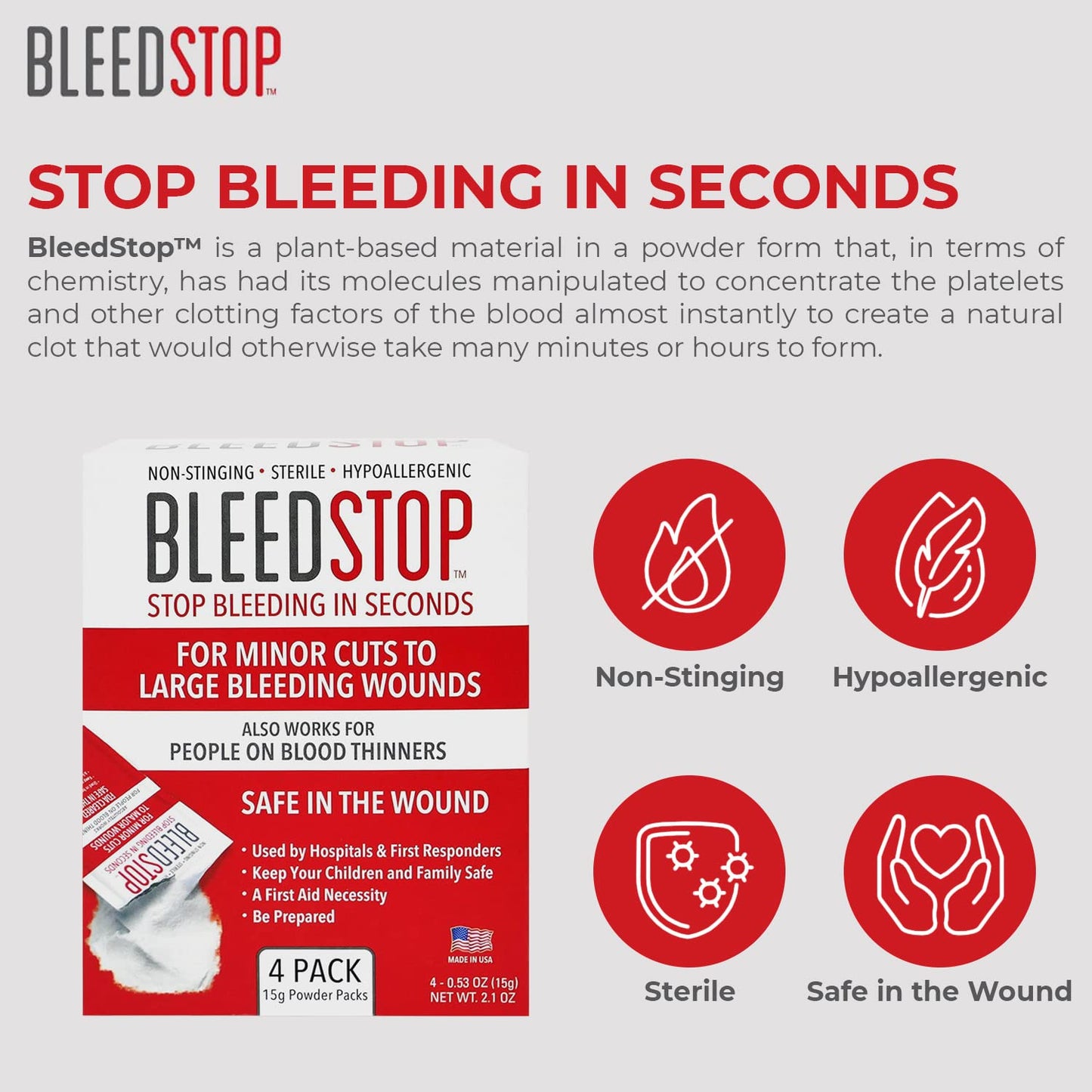 BleedStop™ First Aid Powder and Strip for Blood Clotting, Trauma Kit, Blood Thinner Patients, Camping Safety, and Survival Equipment for Moderate to Severe Bleeding Wounds or Nosebleeds