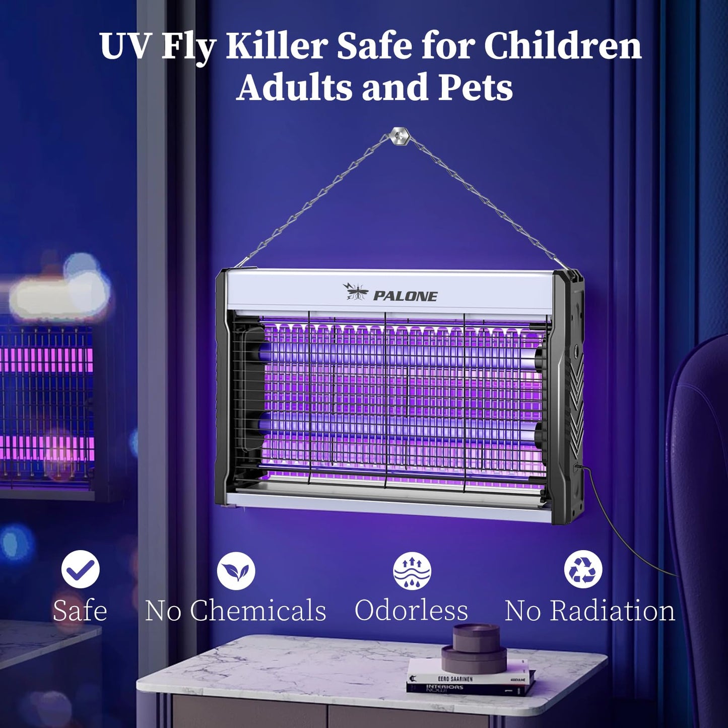 PALONE Electric Bug Zapper 3200V Mosquito Zapper Killer Indoor Insect Killer with Hanging Chain Mosquito Trap with Removable Collection Tray USB Electric Bug Zapper Outdoor for Home Office (16 in)