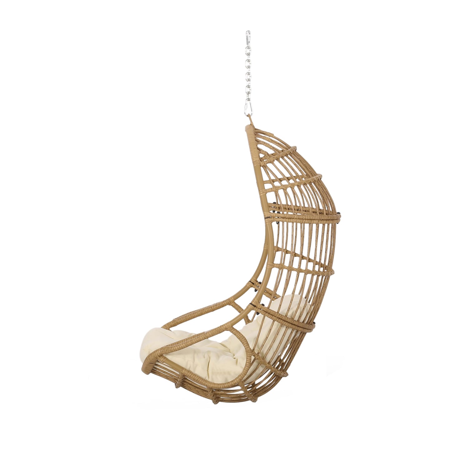 Christopher Knight Home Mariah Wicker Hanging Chair with Cushion, Outdoor Indoor Basket Chair, Boho Garden Lounger Porch Swing Furniture, Modern Patio Decor, Light Brown and Beige