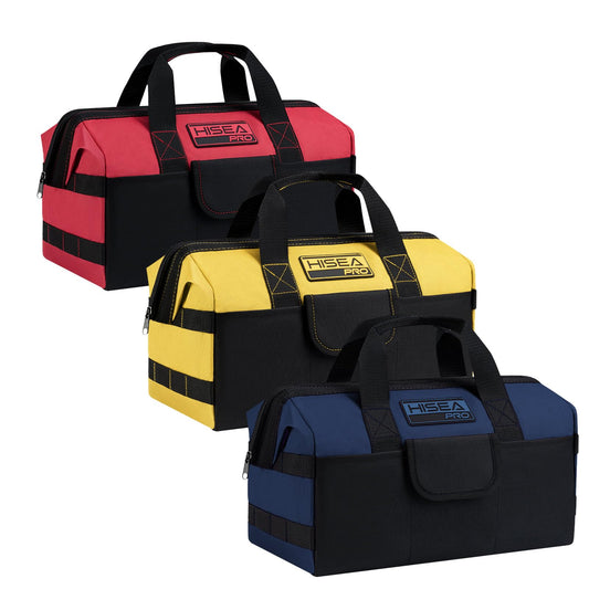 HISEA 3 Pack Heavy Duty Tool Bag with Storage Pockets, 16-Inch Tools Organizer Tote with Wide Base, Water-Resistant Durable Tool Bags with Zipper for Electrician, Tradesman (Red, Yellow, Blue)