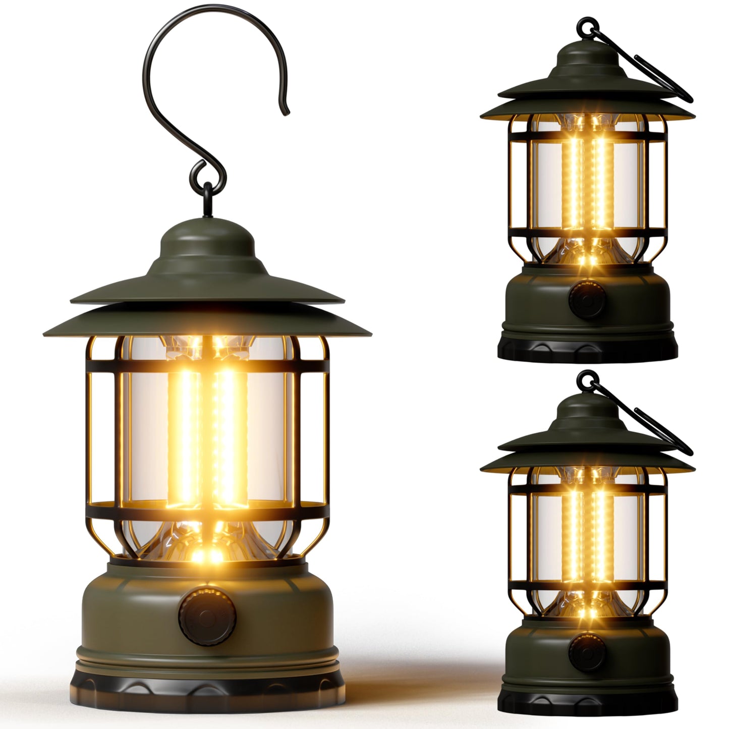 Portable LED Camping Lanterns,1500LM Step-less Dimming, Lightweight Retro Battery Powered USB Rechargeable Tent Lights,Survival Kits Flashlight for Power Outage Emergency Hiking Hurricane 3 Pack Green