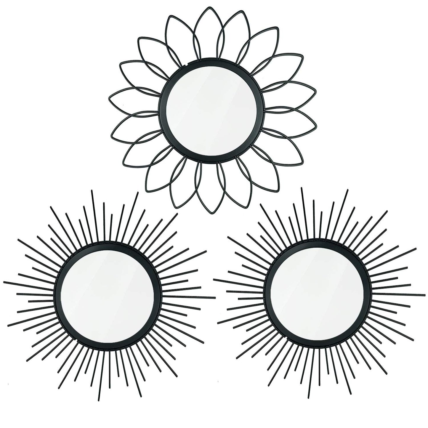 3 Pack Metal Mirrors for Wall Sunburst Wall Mirrors Home Décor Decorative Hanging Wall Art for Living Room Bedroom Entryway (Black, Flower+Sunburst)