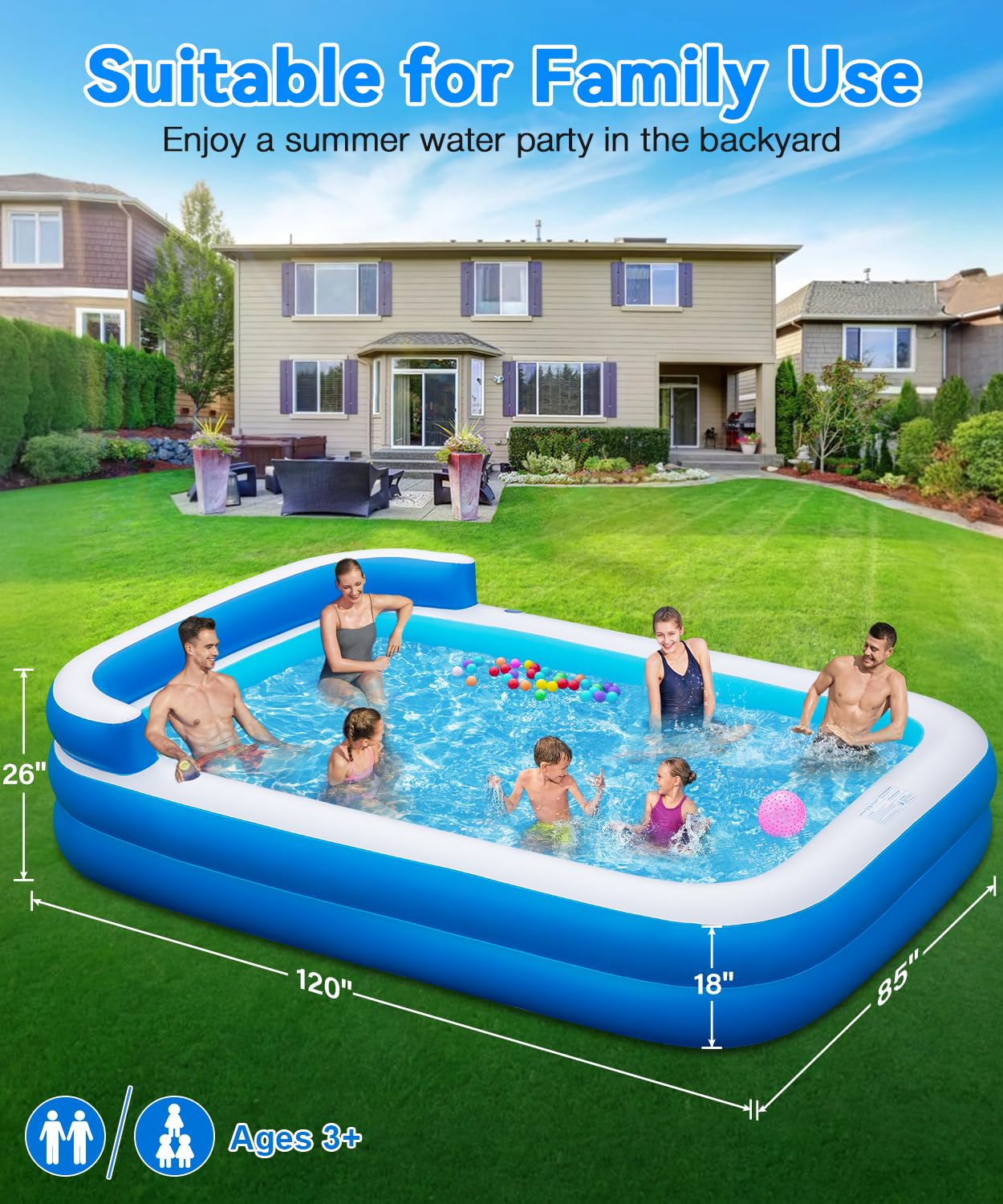 Large Inflatable Swimming Pool - 120" x 85" x 26" Blow Up Pool for Adults and Kids with Seat & Air Pump, for Backyard Lawn Indoor Outdoor Use