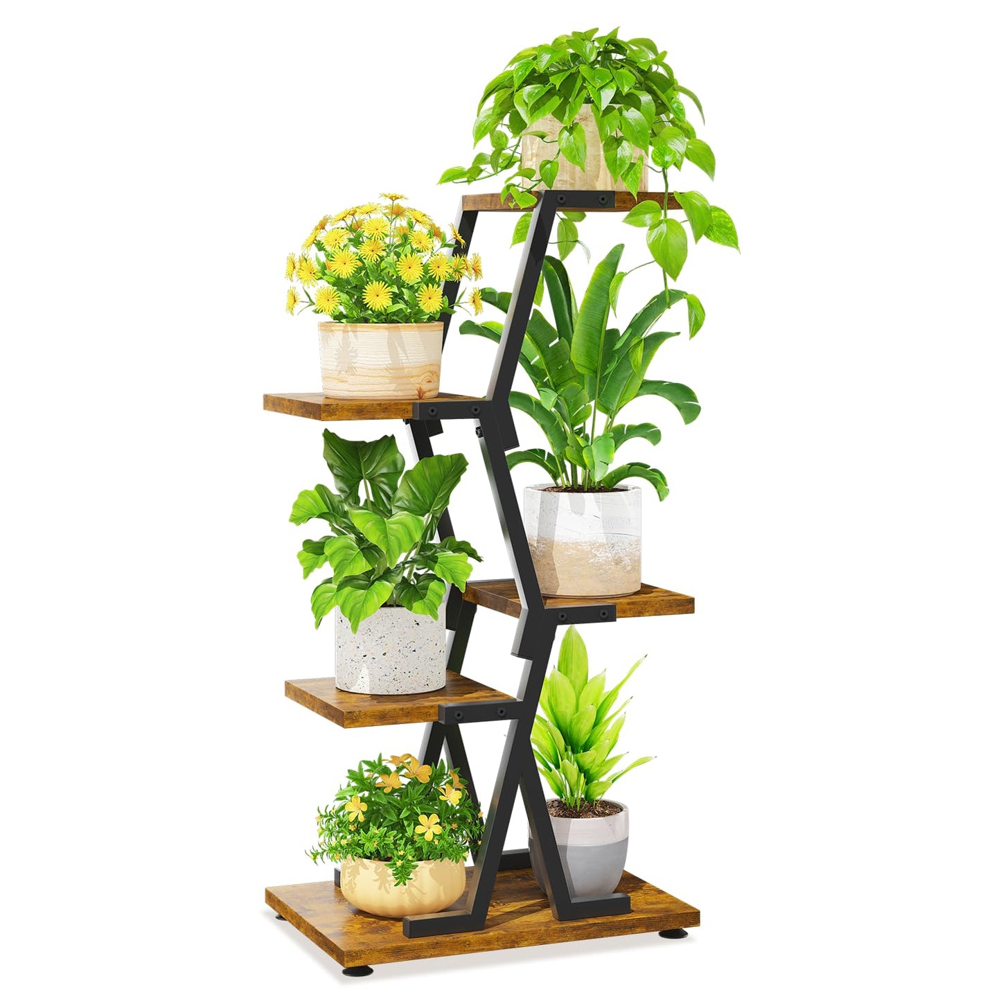 LASZOLA 4 Tier Tall Wood and Metal Plant Stand Indoor for Heavy Duty Planter, Large Multi Level Vertical Flower Shelf for Narrow Corner, Sturdy Rustic Rack Holder for House Patio, Space Saving, Black