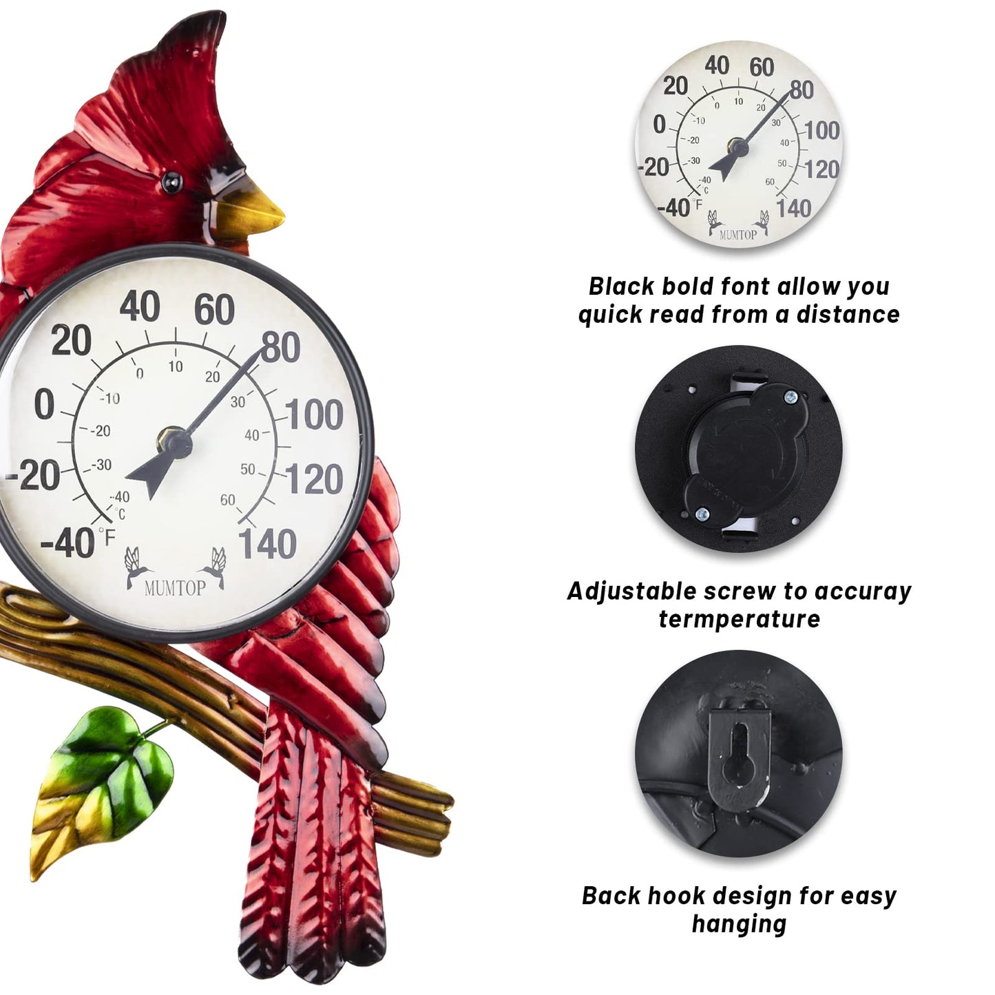 MUMTOP Outdoor Thermometer, Cardinal Large Number Wall Mounted Outside Thermometer for Patio, Yard, Garden