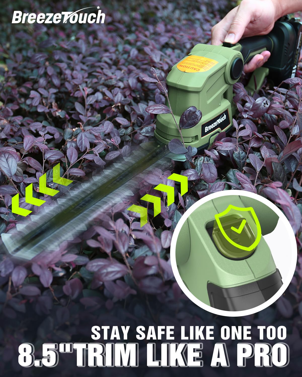 Breeze Touch 21V Hedge Trimmer Cordless with Battery and Charger, 2-in-1 Bush Trimmer Cordless & Grass Shear, Handheld Electric Hedge Trimmers with 4.5"/8.5" Blades for Garden & Lawn