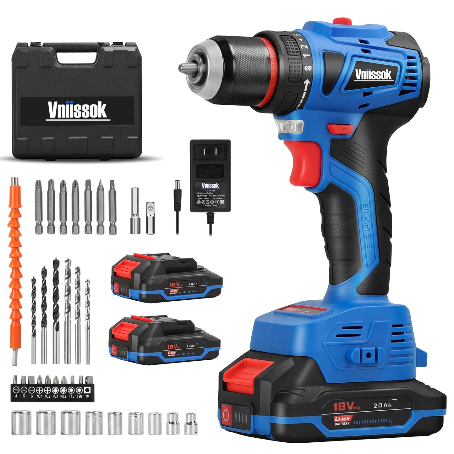 Vniissok Cordless Drill Set,18V Brushless Power impach driver with Battery and Charger, 3/8" Keyless Chuck, Variable Speed, Drill Driver Bits Kit for Drilling and Tightening/Loosening Screws