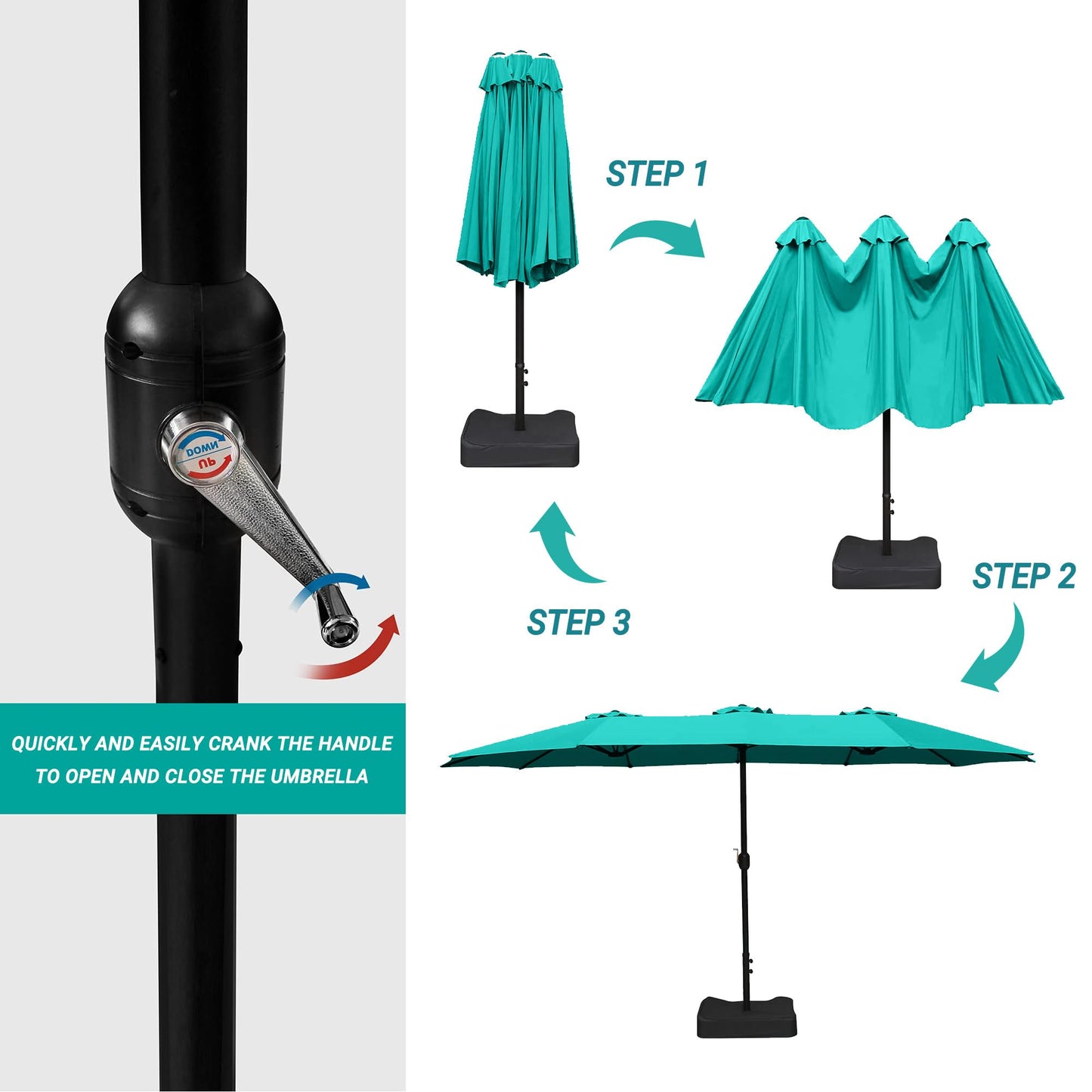 Bigroof 15ft Patio Umbrella with Base, Large Outdoor Double-Sided Market Umbrella with Terylene Polyester Fabric and Crank for Poolside Garden Deck Backyard Beach Pools (Turquoise)