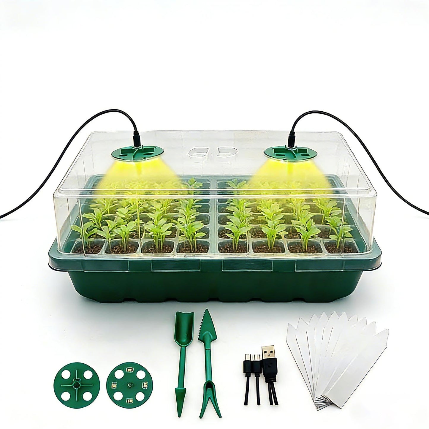 conwhzc 48-Cell Seed Starter Tray Kit with Grow Light, 2 Full-Spectrum LED Lights, 13cm Tall Humidity Dome, Thick PVC Seedling Trays, Labels & Tools, USB-C Power, Indoor Germination