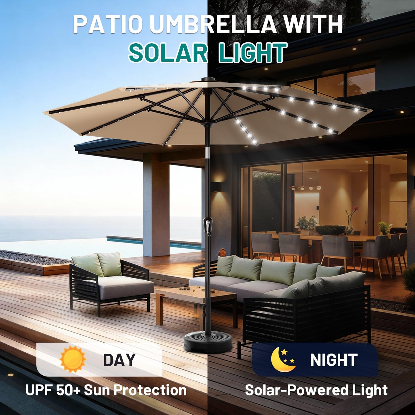 AreShark 9FT Patio Umbrella with Solar Lights, 32 Lighted Pool Umbrella w/Tilt and Crank, Outdoor Market Solar Umbrellas for Garden, Deck, Backyard, Pool and Beach, Beige