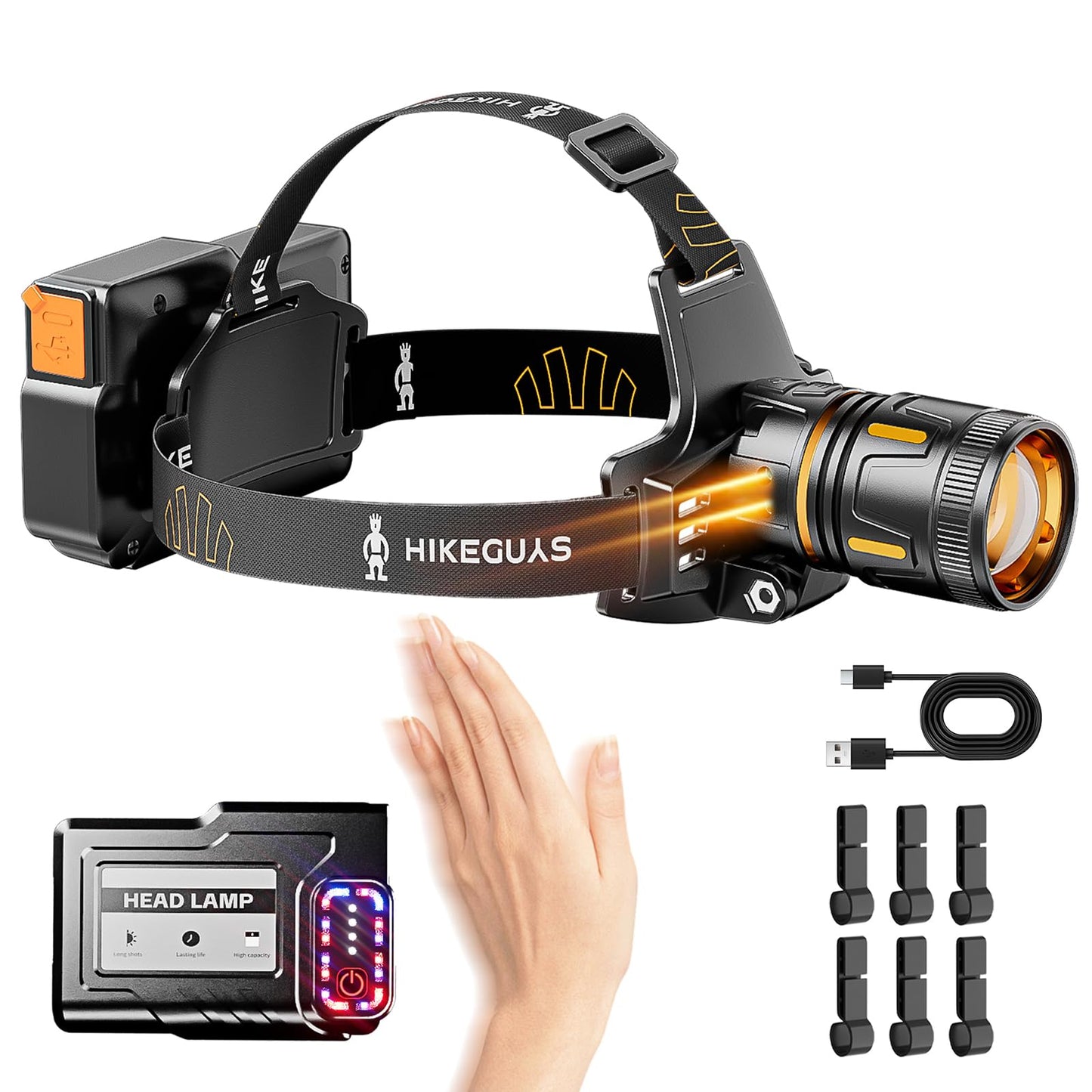 Daktcore LED Headlamp Rechargeable 3500 Lumens, Dual Beads Headlights Super Bright with 12 Modes & IPX6 Long Runtime Warning Light, Motion Sensor Head Lamp 120° Adjustable for Adult Camping Running