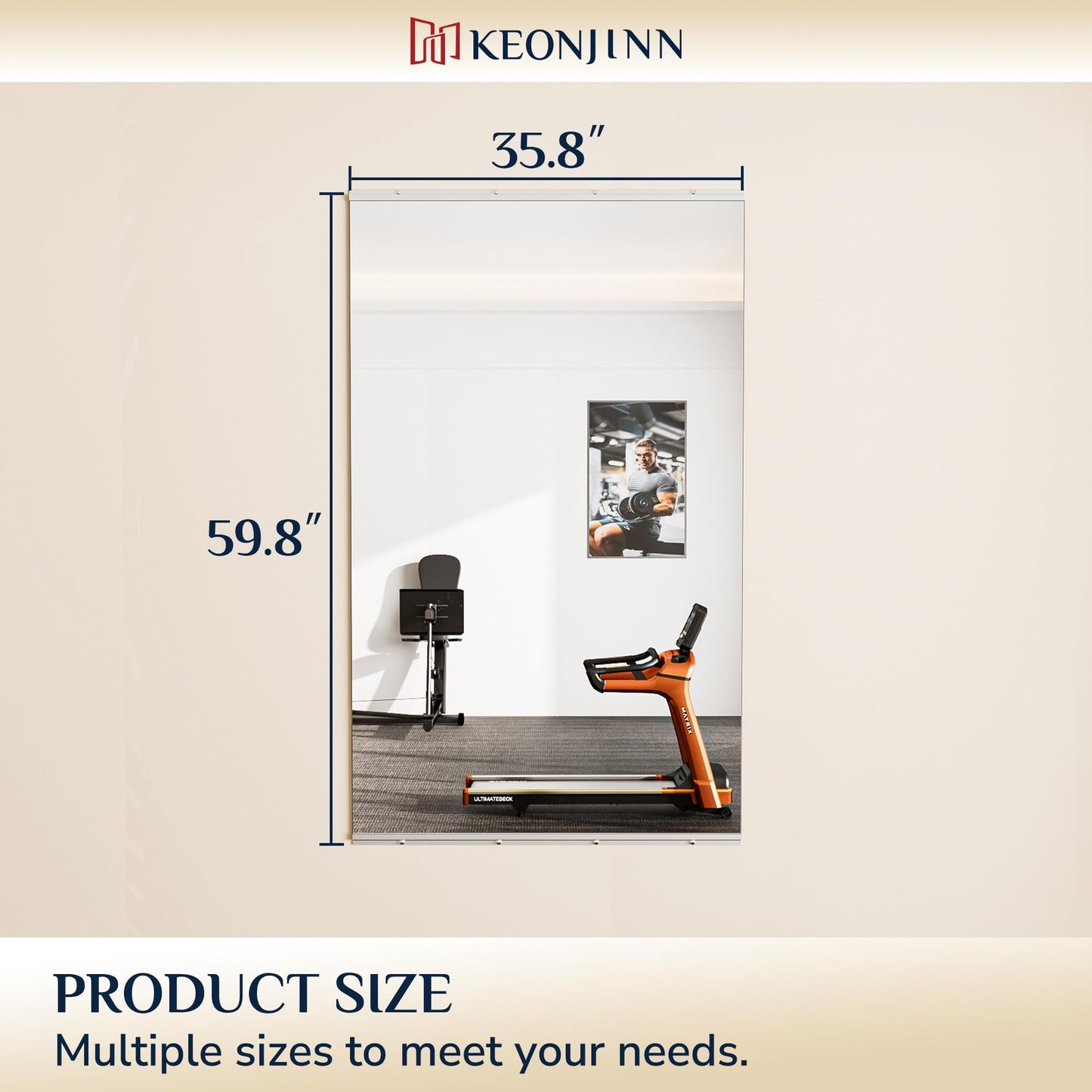 Keonjinn Home Gym Mirror, 60" x 36" Workout Mirrors for Home Gym, Frameless Tempered Glass, Full Body Wall Mirrors for Fitness Exercise, Yoga Room, Dance Studio, Garage