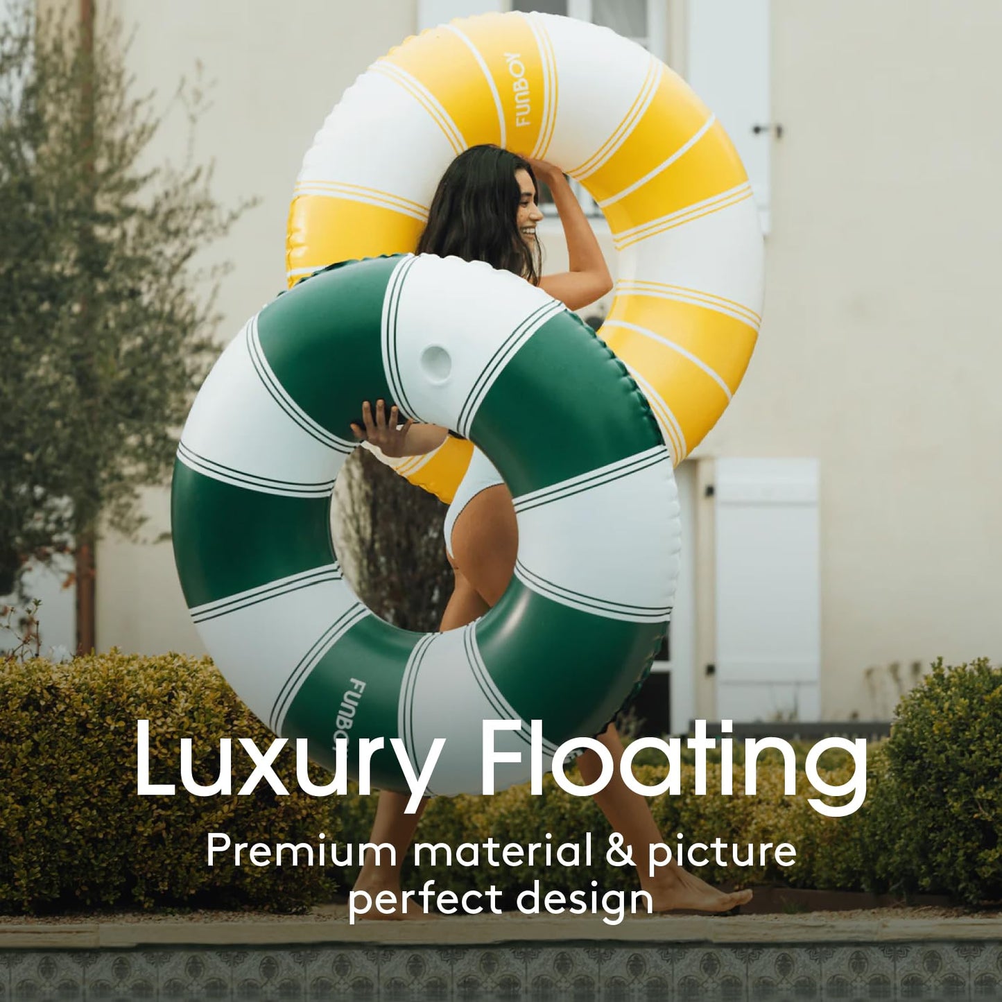 FUNBOY Giant 48” Vintage Green Stripe Inflatable Pool Float with Cup Holder - Adult Inner Tube Pool Toy for Summer, Swimming Pool Accessories & Lounger