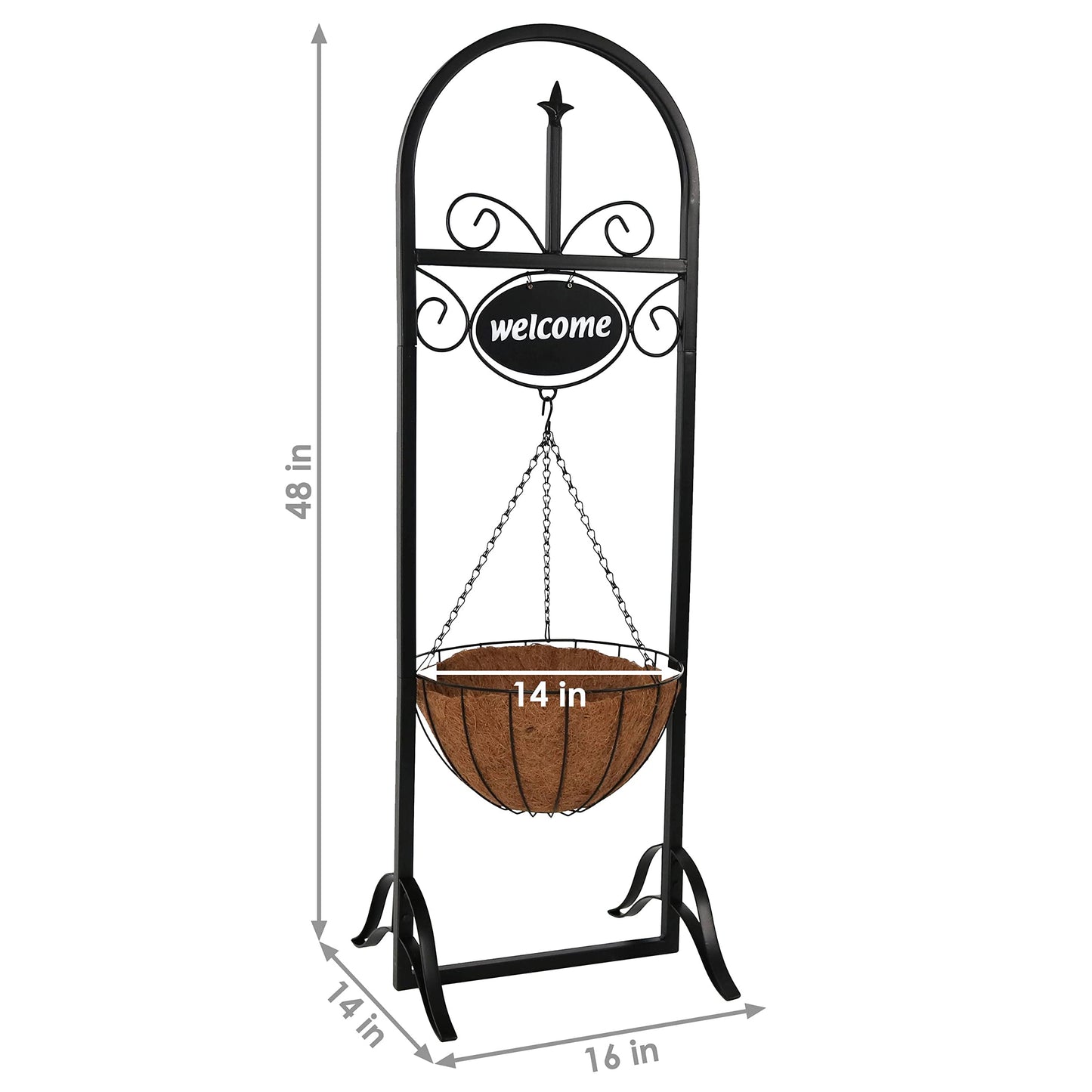 Sunnydaze Hanging Basket Planter Stand with Decorative Welcome Sign - 48-Inch Tall